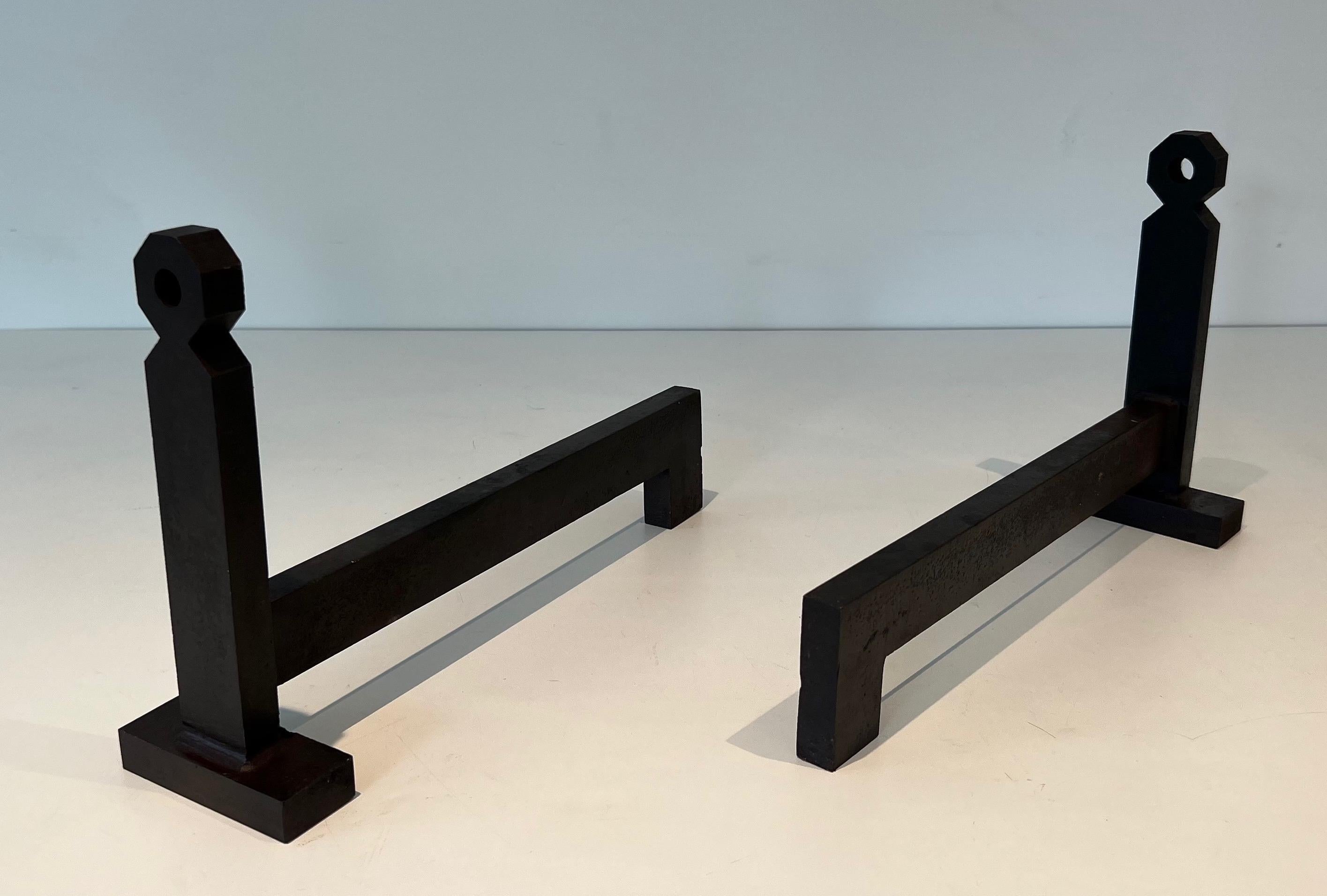 Mid-20th Century Pair of Modernist Steel and Wrought Iron Andirons For Sale