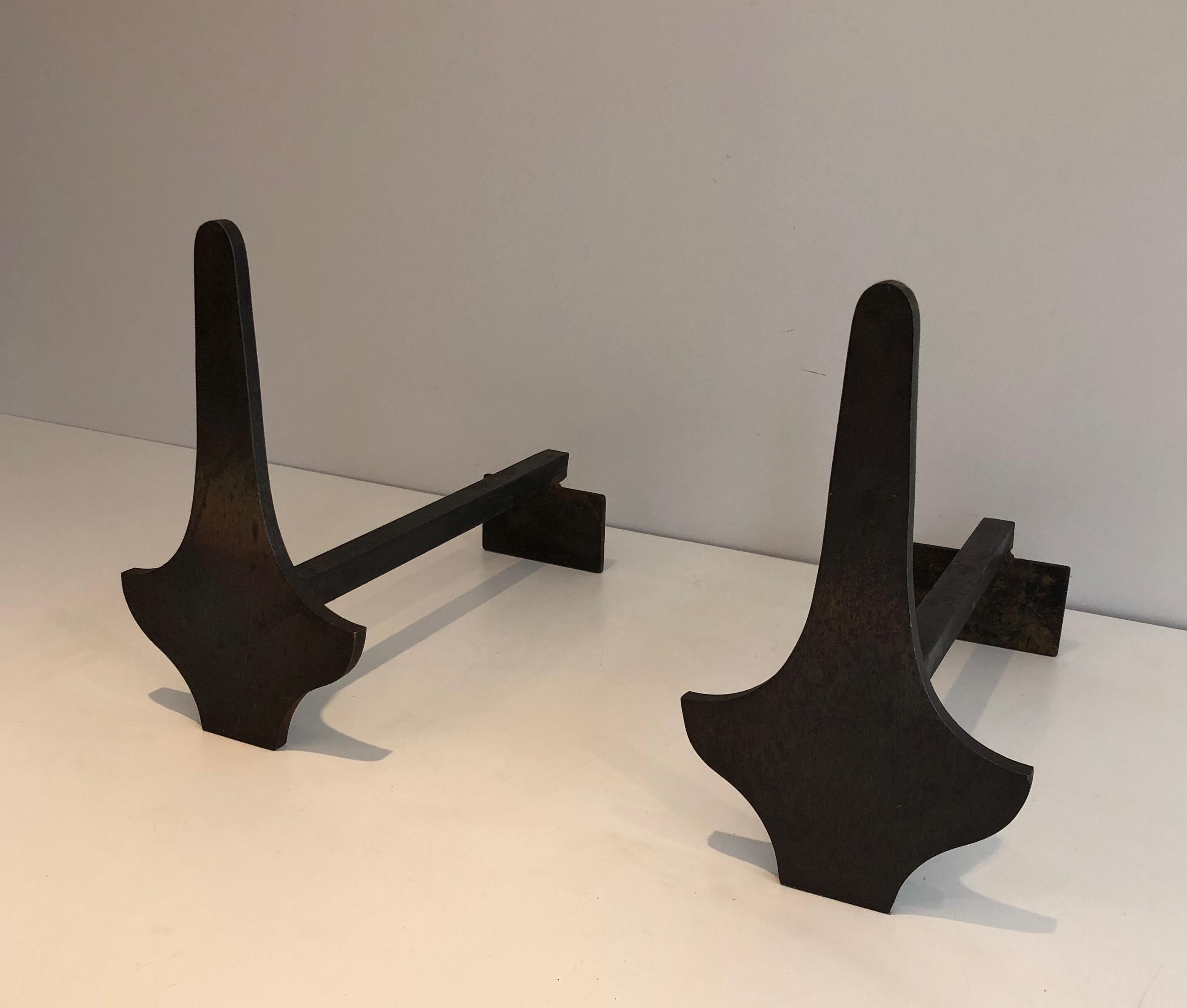 Pair of Modernist Steel and Wrought Iron Andirons, French, circa 1950 13