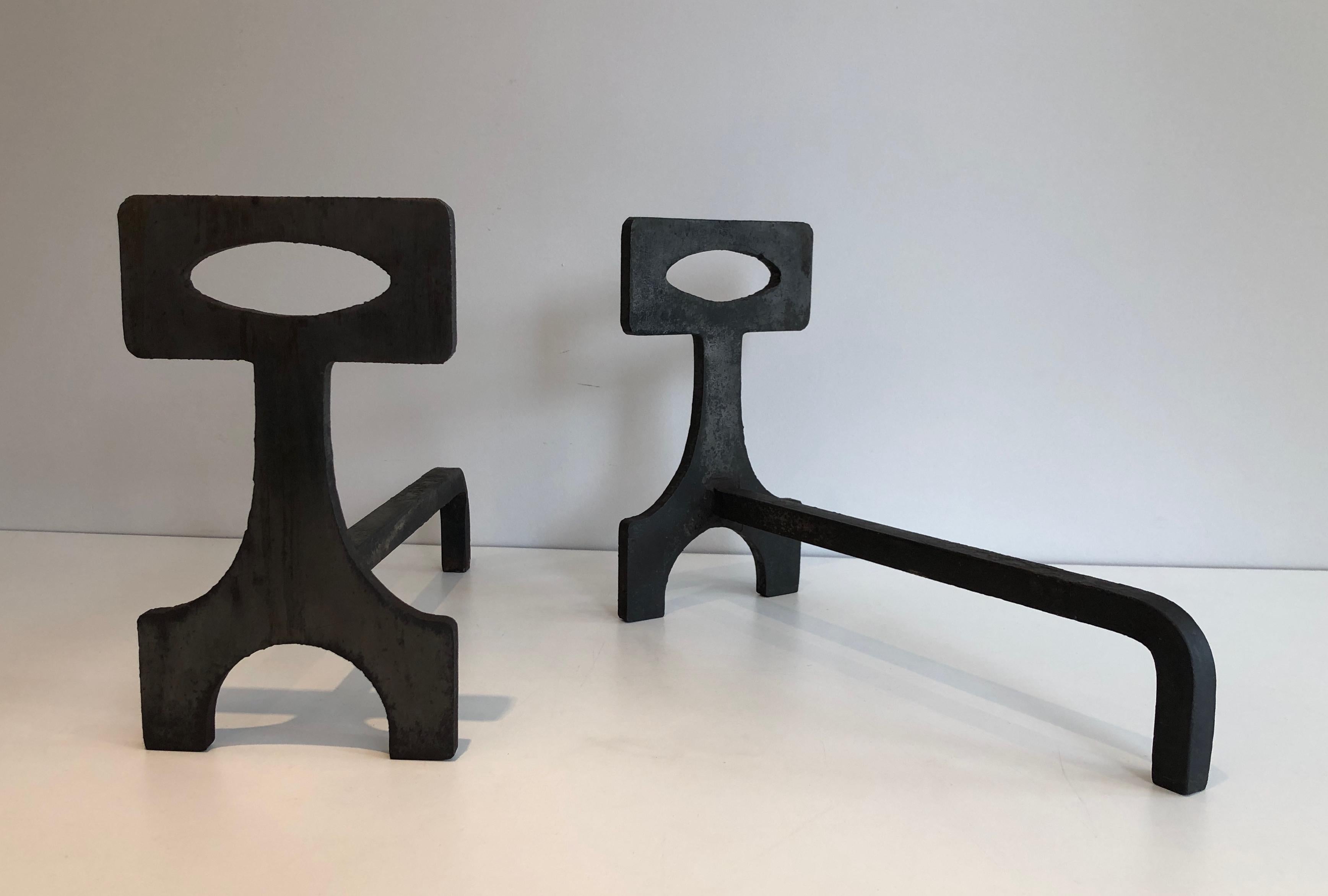  Pair of Modernist Steel and Wrought Iron Andirons, French, Circa 1970 5