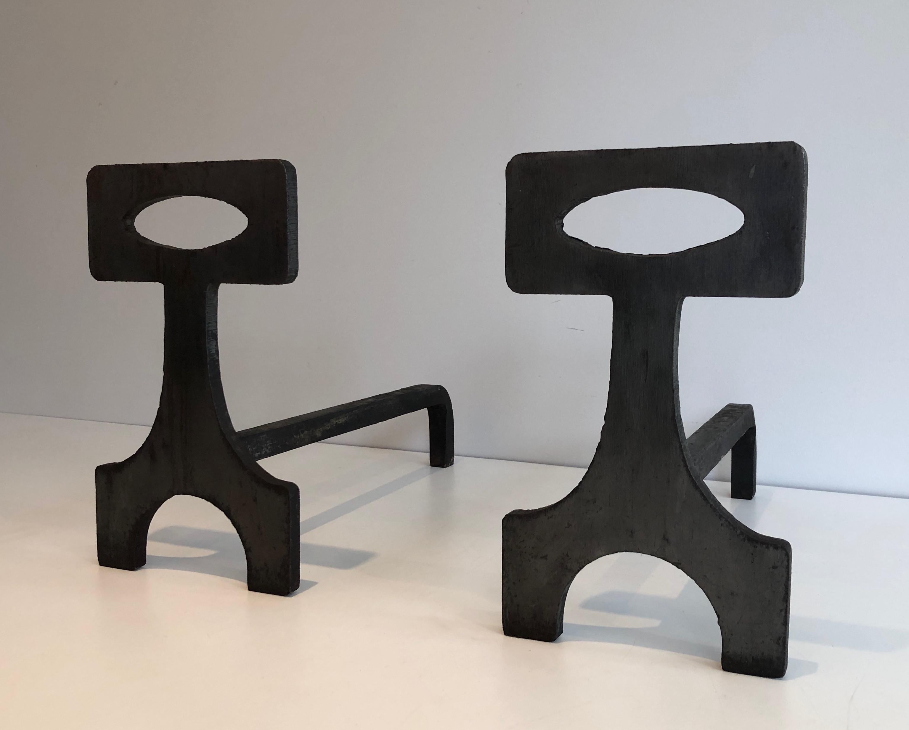  Pair of Modernist Steel and Wrought Iron Andirons, French, Circa 1970 8