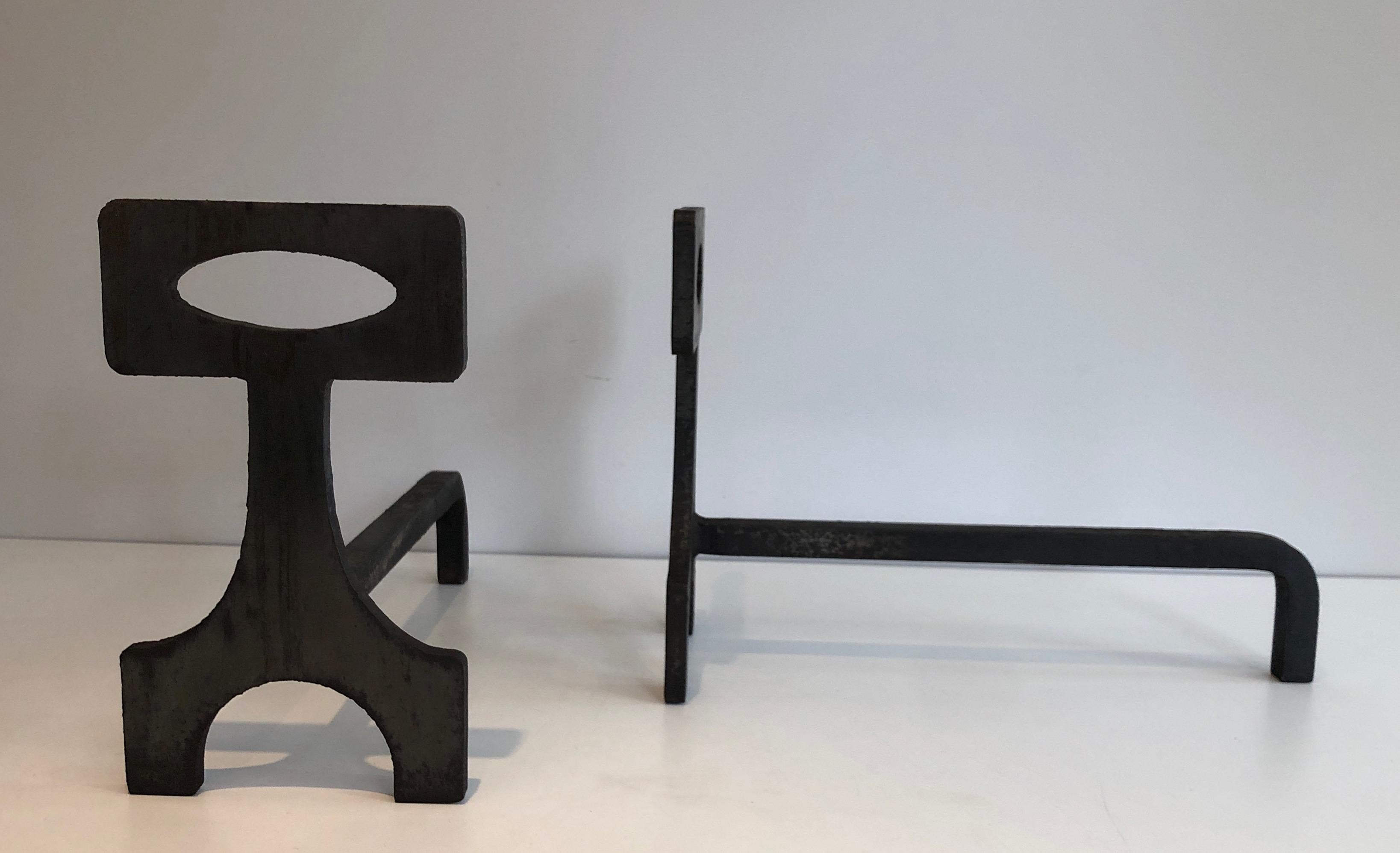  Pair of Modernist Steel and Wrought Iron Andirons, French, Circa 1970 9