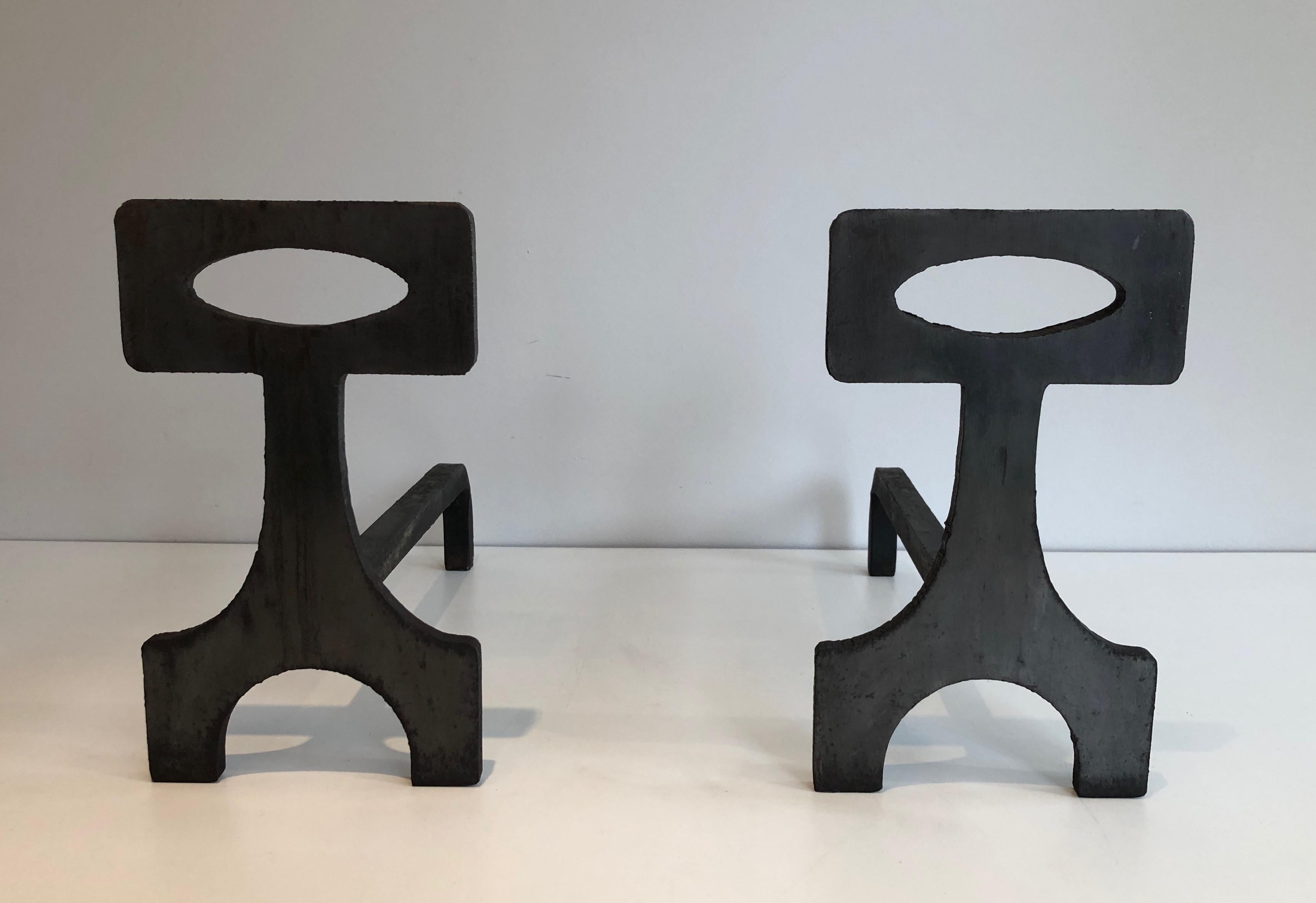  Pair of Modernist Steel and Wrought Iron Andirons, French, Circa 1970 10