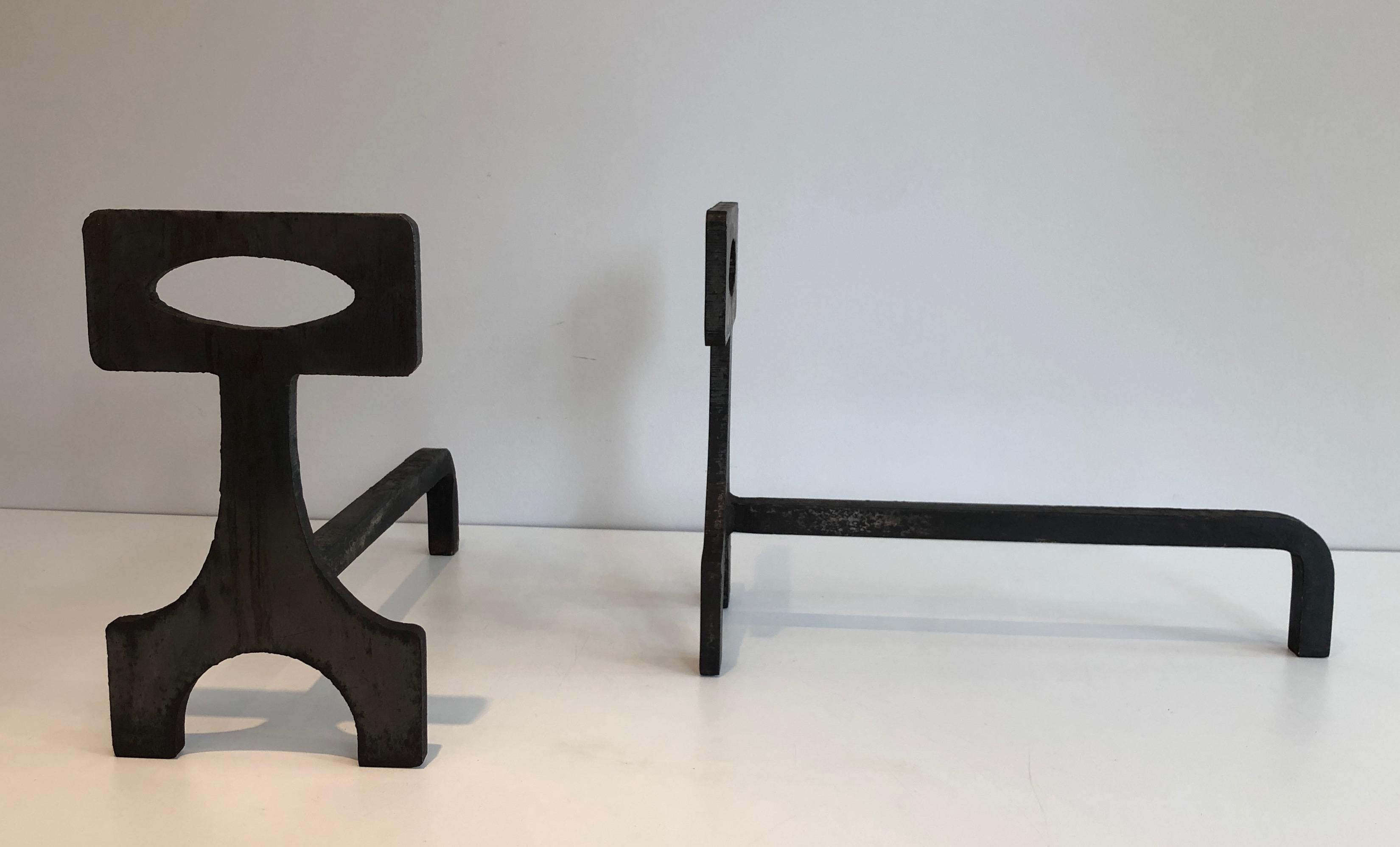 Pair of Modernist Steel and Wrought Iron Andirons, French, Circa 1970 11