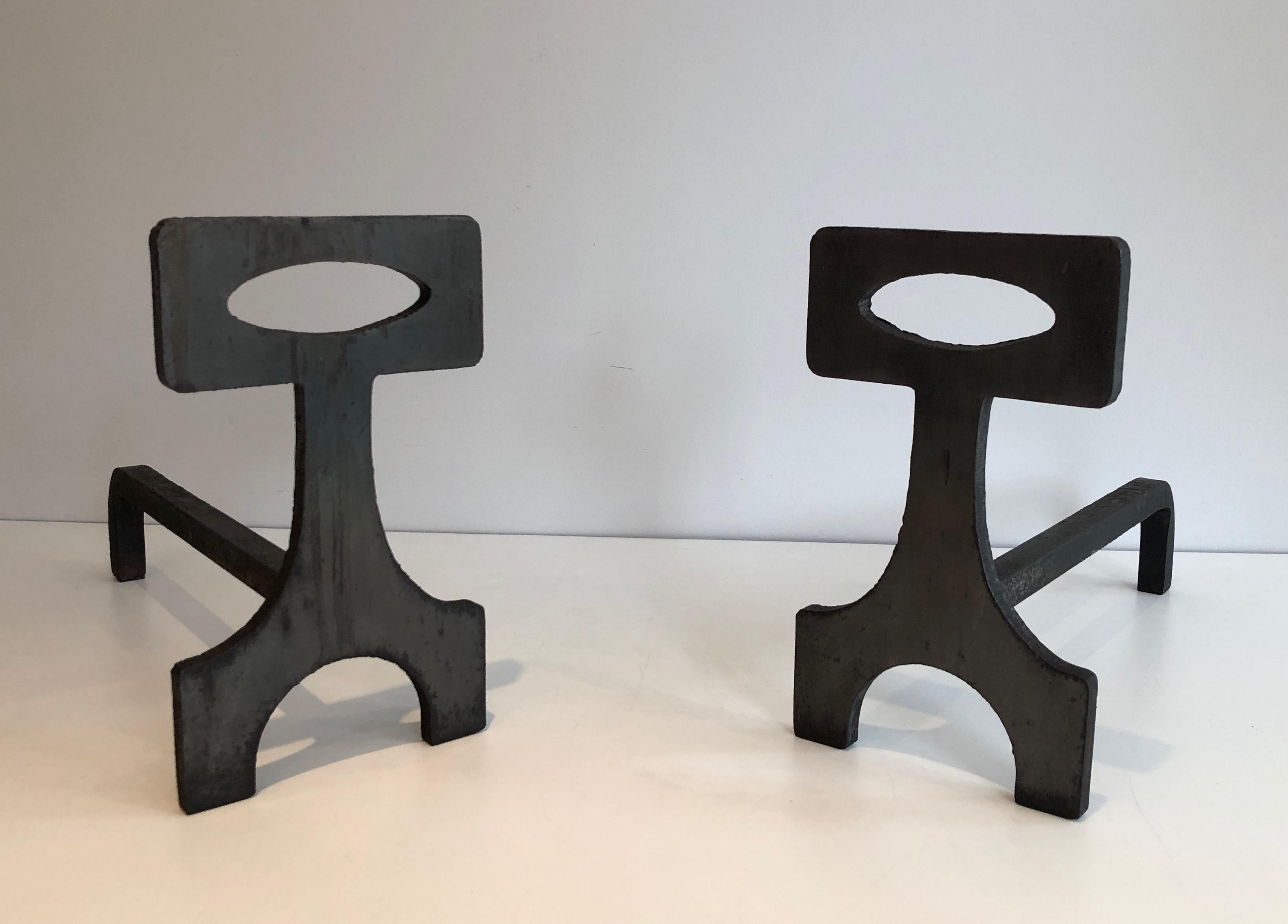  Pair of Modernist Steel and Wrought Iron Andirons, French, Circa 1970 12