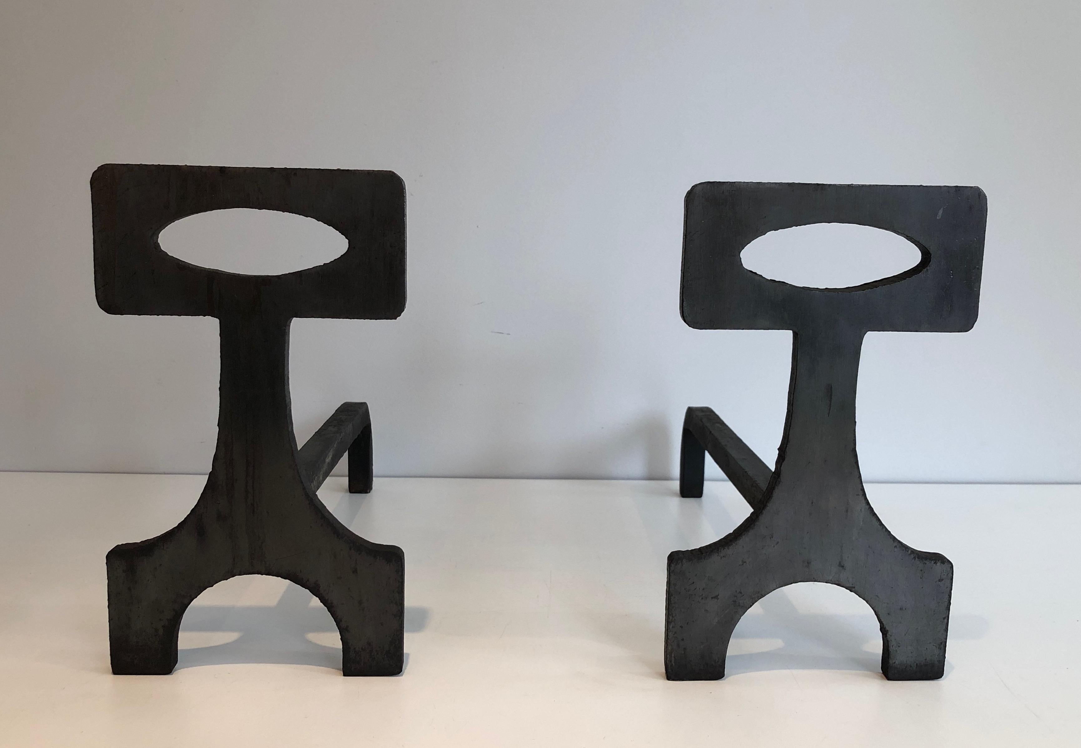  Pair of Modernist Steel and Wrought Iron Andirons, French, Circa 1970 4