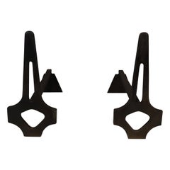 Pair of Modernist Steel and Wrought Iron Andirons, French, Circa 1970