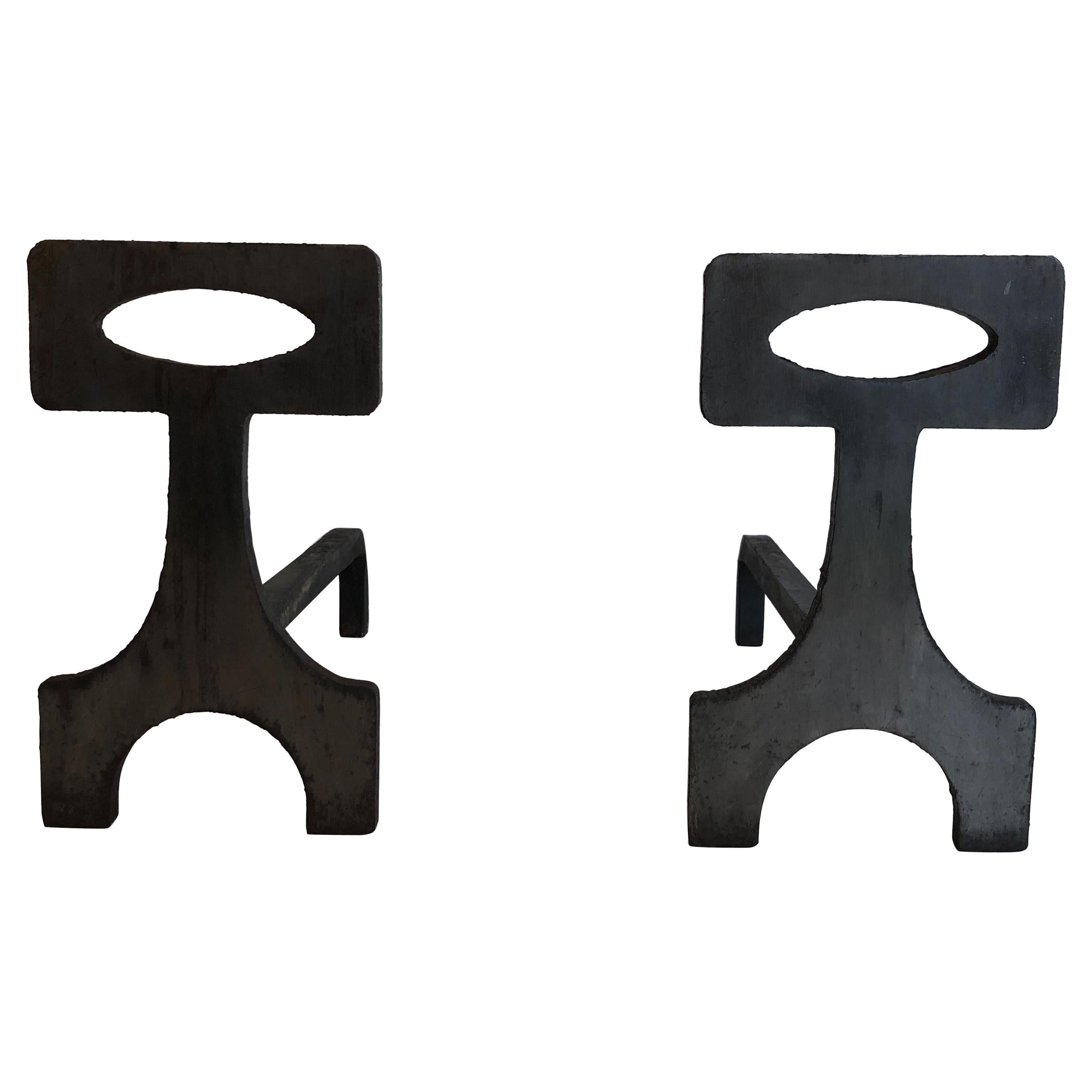  Pair of Modernist Steel and Wrought Iron Andirons, French, Circa 1970