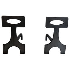 Pair of Modernist Steel and Wrought Iron Andirons, French, Circa 1970