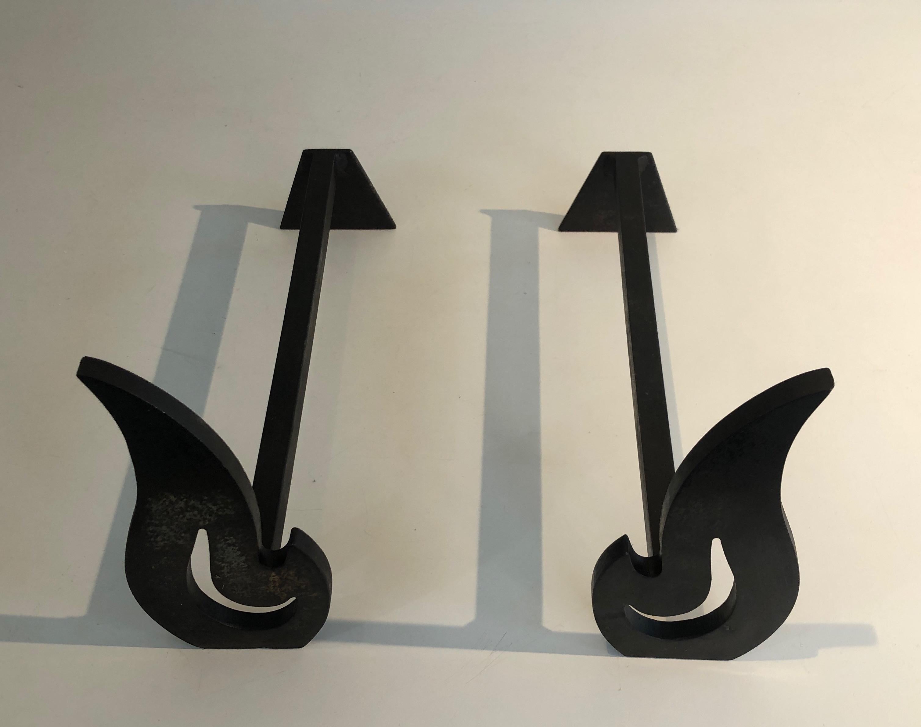 Pair of Modernist Steel and Wrought Iron Flame Andirons, French, Circa 1970 For Sale 4