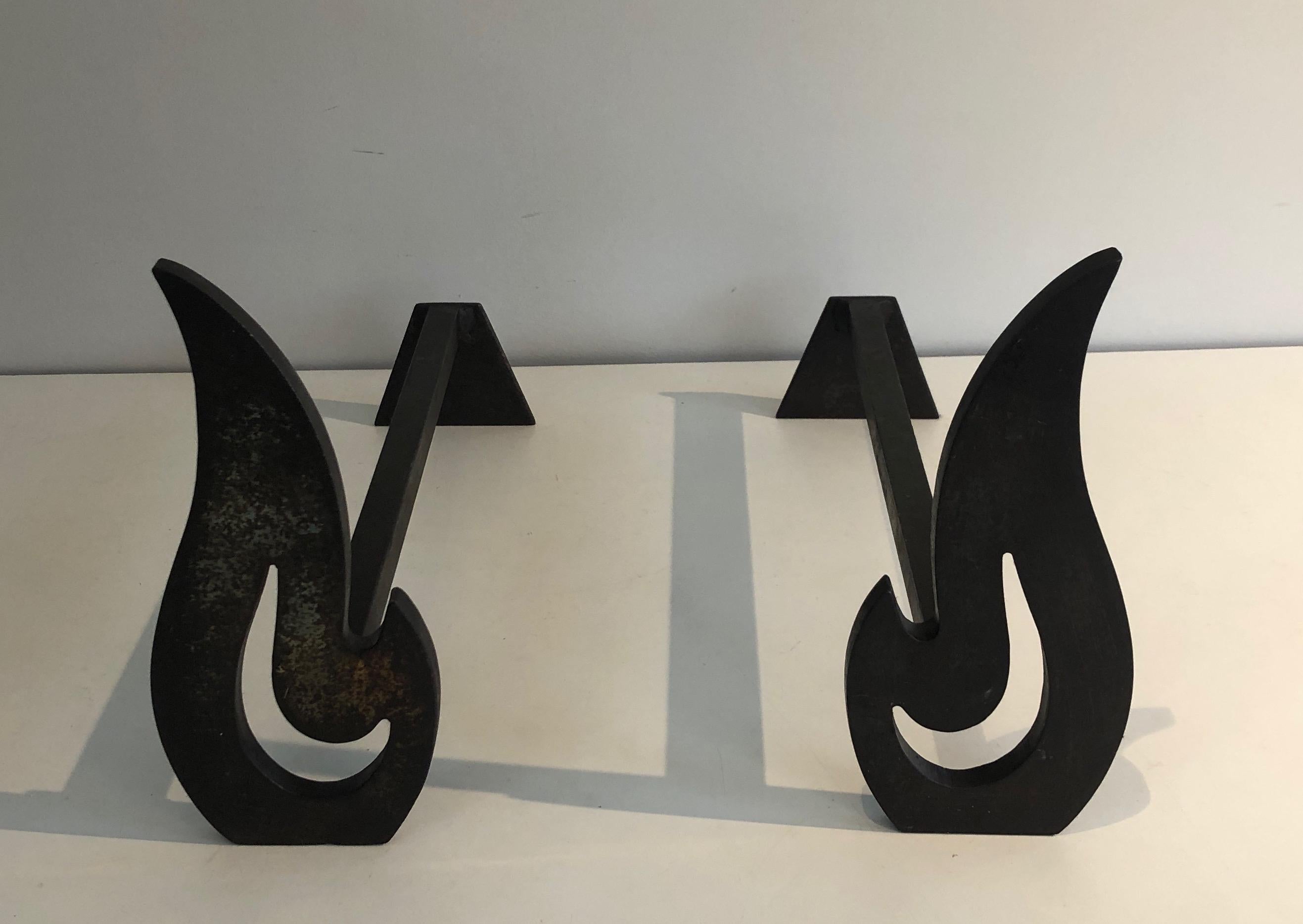 Pair of Modernist Steel and Wrought Iron Flame Andirons, French, Circa 1970 For Sale 5