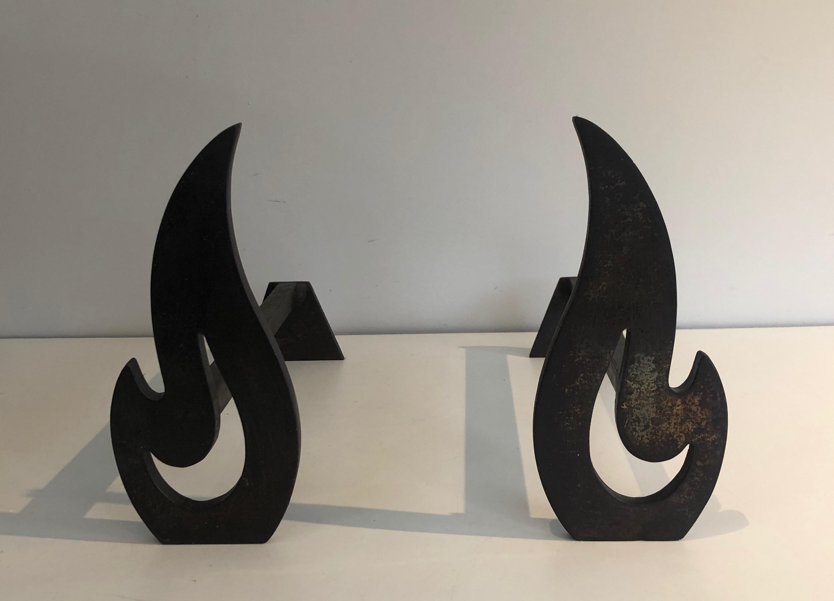 Pair of Modernist Steel and Wrought Iron Flame Andirons, French, Circa 1970 For Sale 8