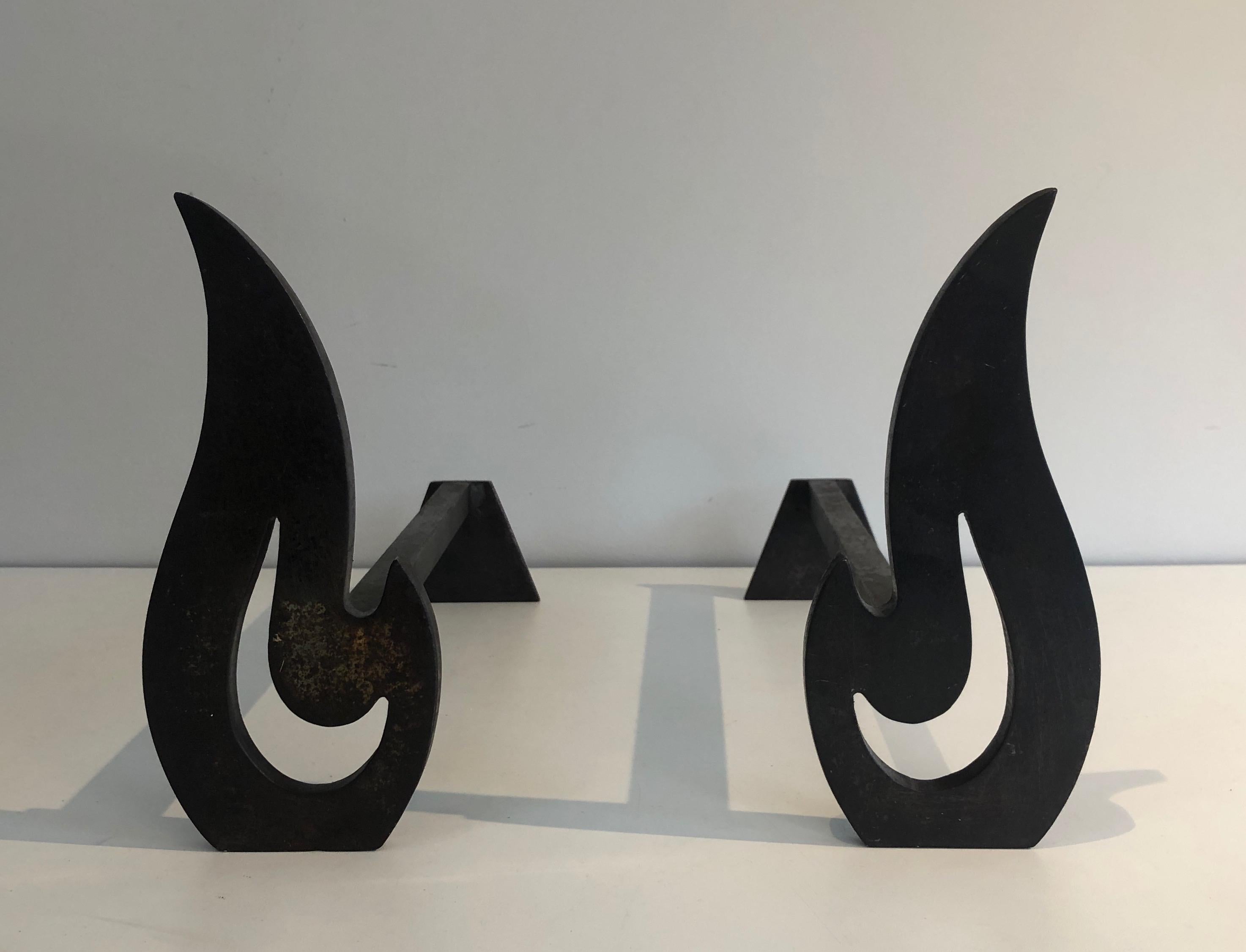 Pair of Modernist Steel and Wrought Iron Flame Andirons, French, Circa 1970 For Sale 9