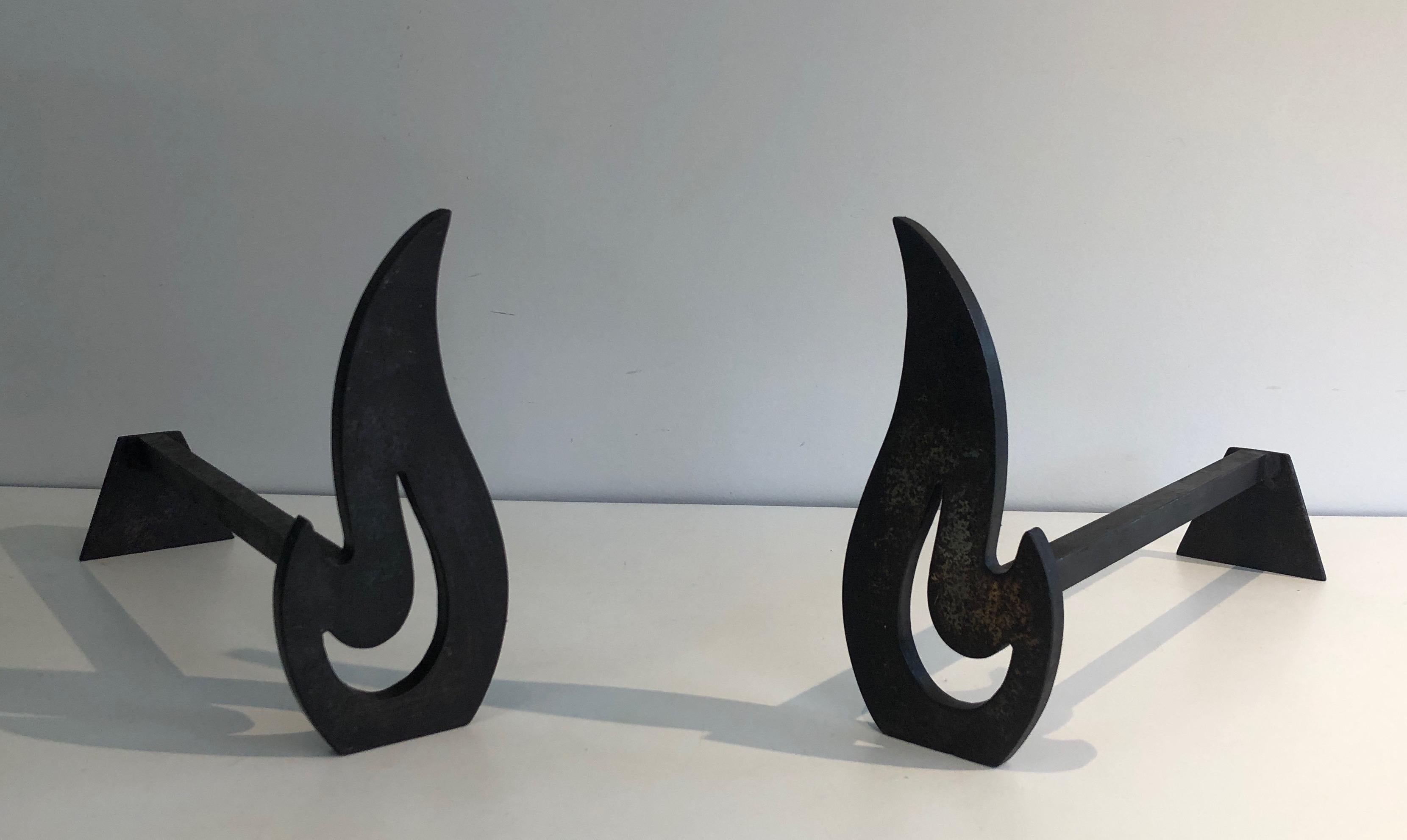 Pair of Modernist Steel and Wrought Iron Flame Andirons, French, Circa 1970 For Sale 10
