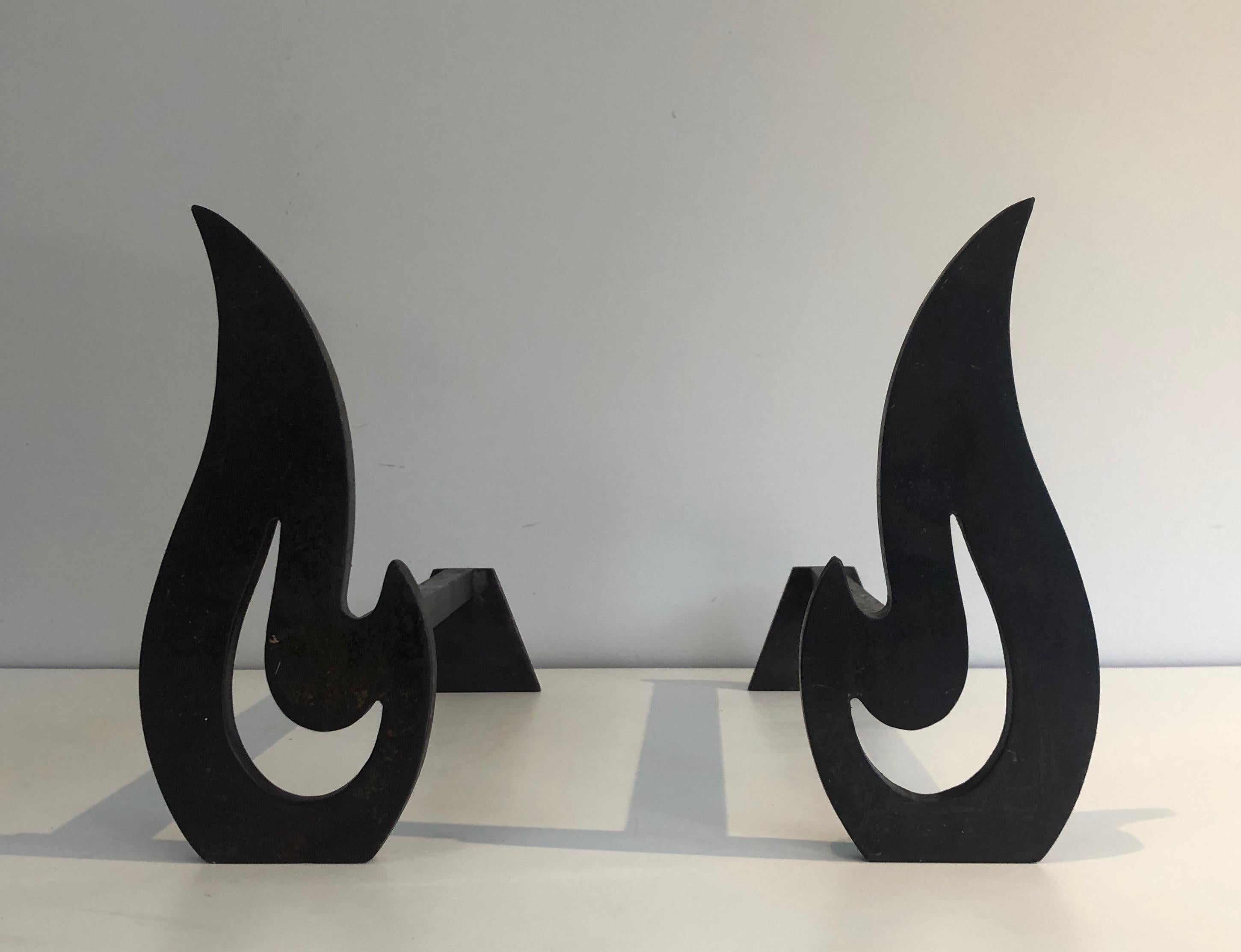 Mid-Century Modern Pair of Modernist Steel and Wrought Iron Flame Andirons, French, Circa 1970 For Sale
