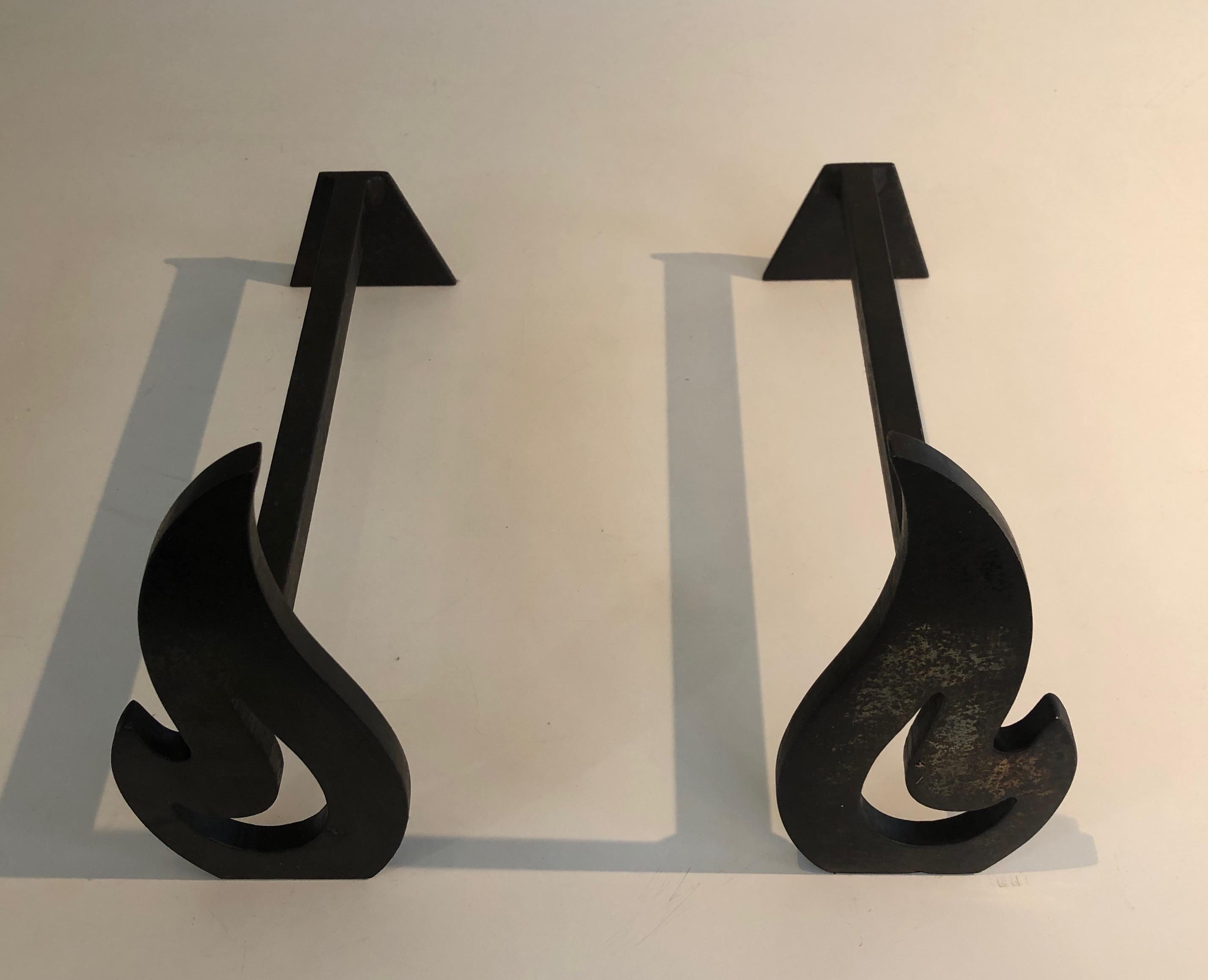 Cast Pair of Modernist Steel and Wrought Iron Flame Andirons, French, Circa 1970 For Sale