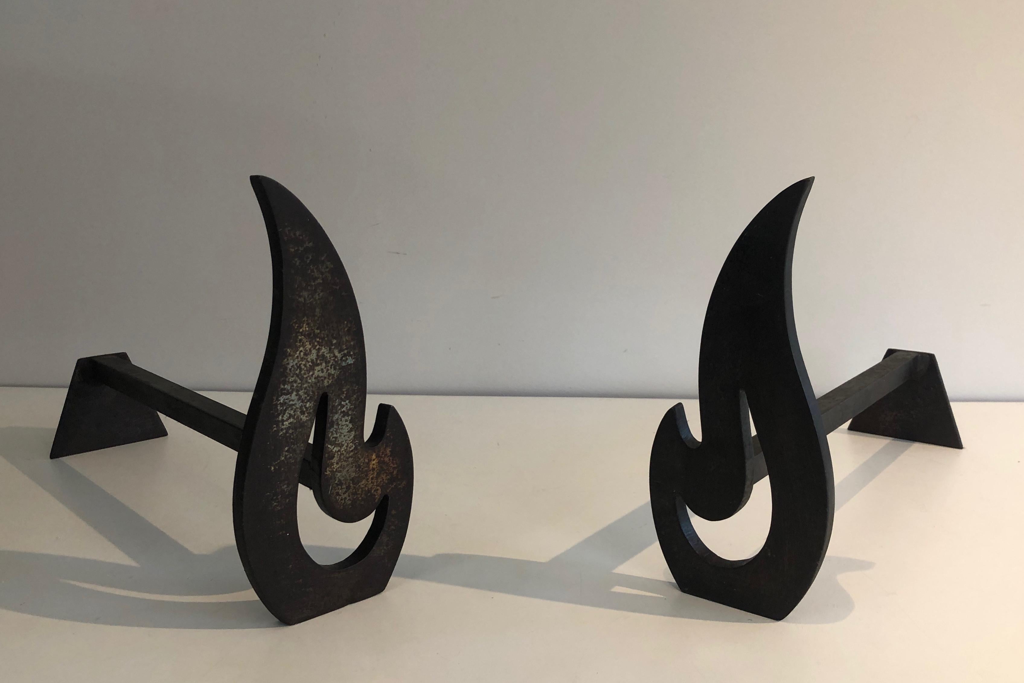Pair of Modernist Steel and Wrought Iron Flame Andirons, French, Circa 1970 For Sale 2