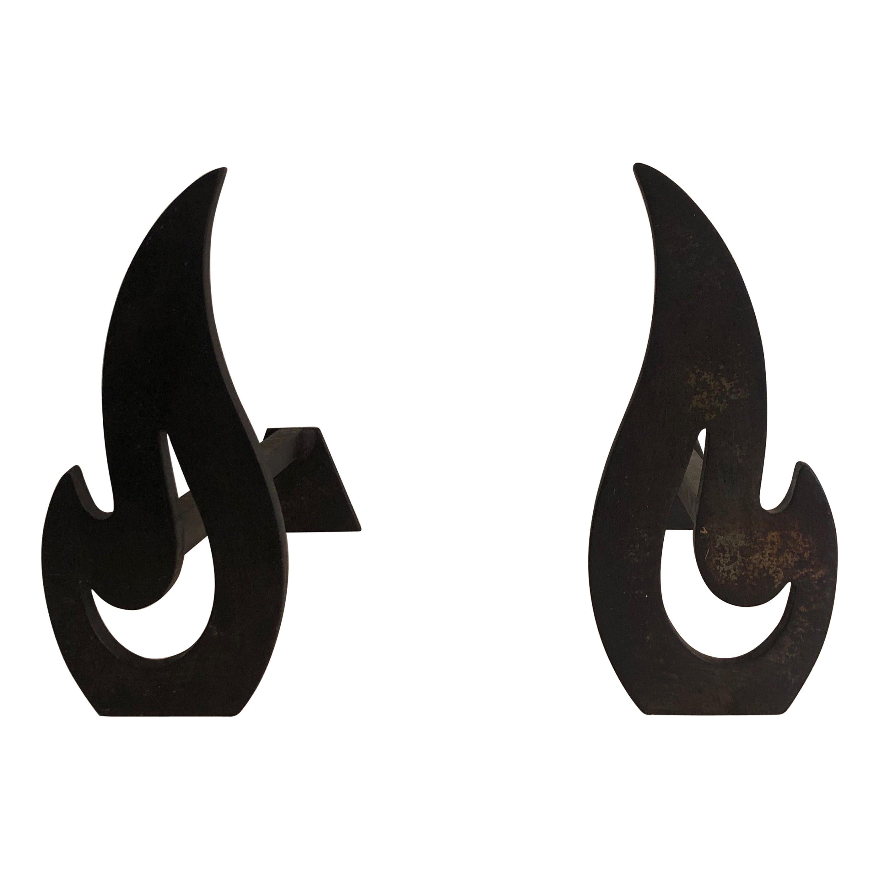Pair of Modernist Steel and Wrought Iron Flame Andirons, French, Circa 1970