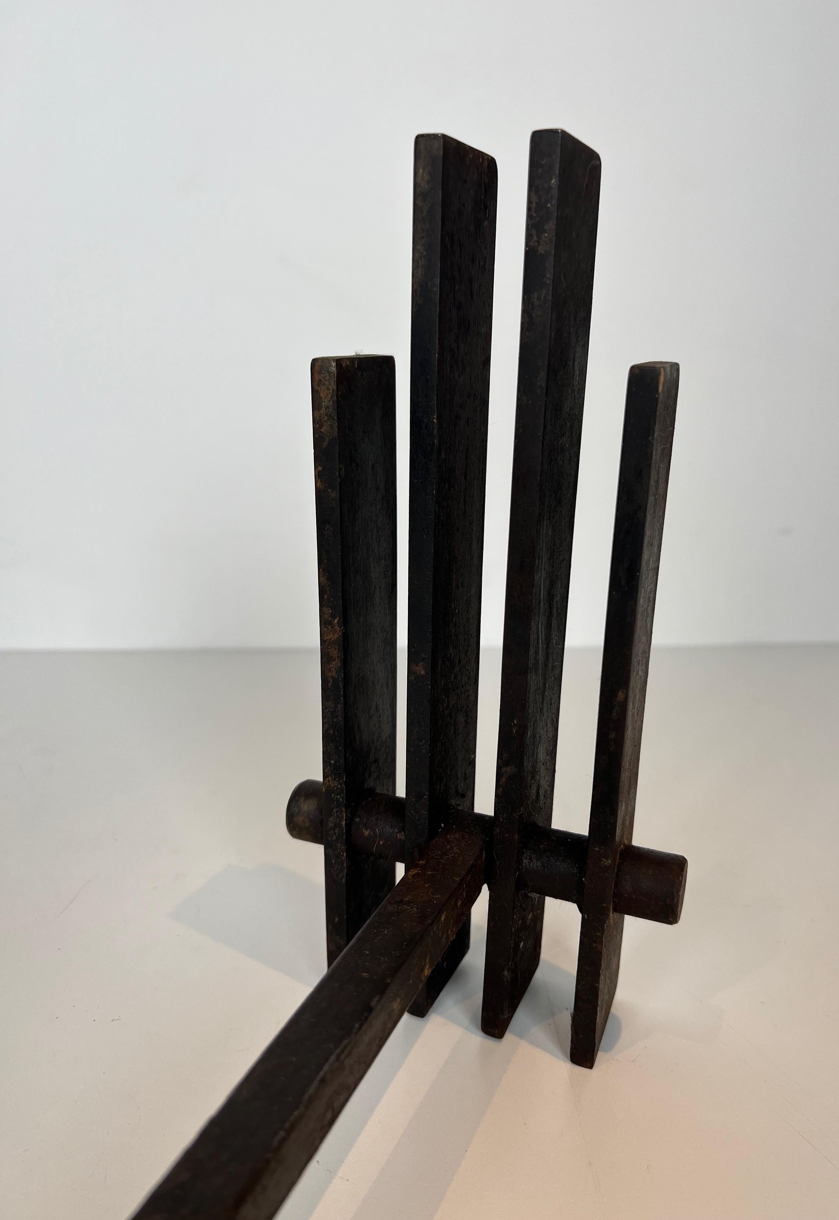 Pair of Modernist Steel Andirons. French Work. Circa 1970 For Sale 9