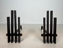 Pair of Modernist Steel Andirons. French Work. Circa 1970