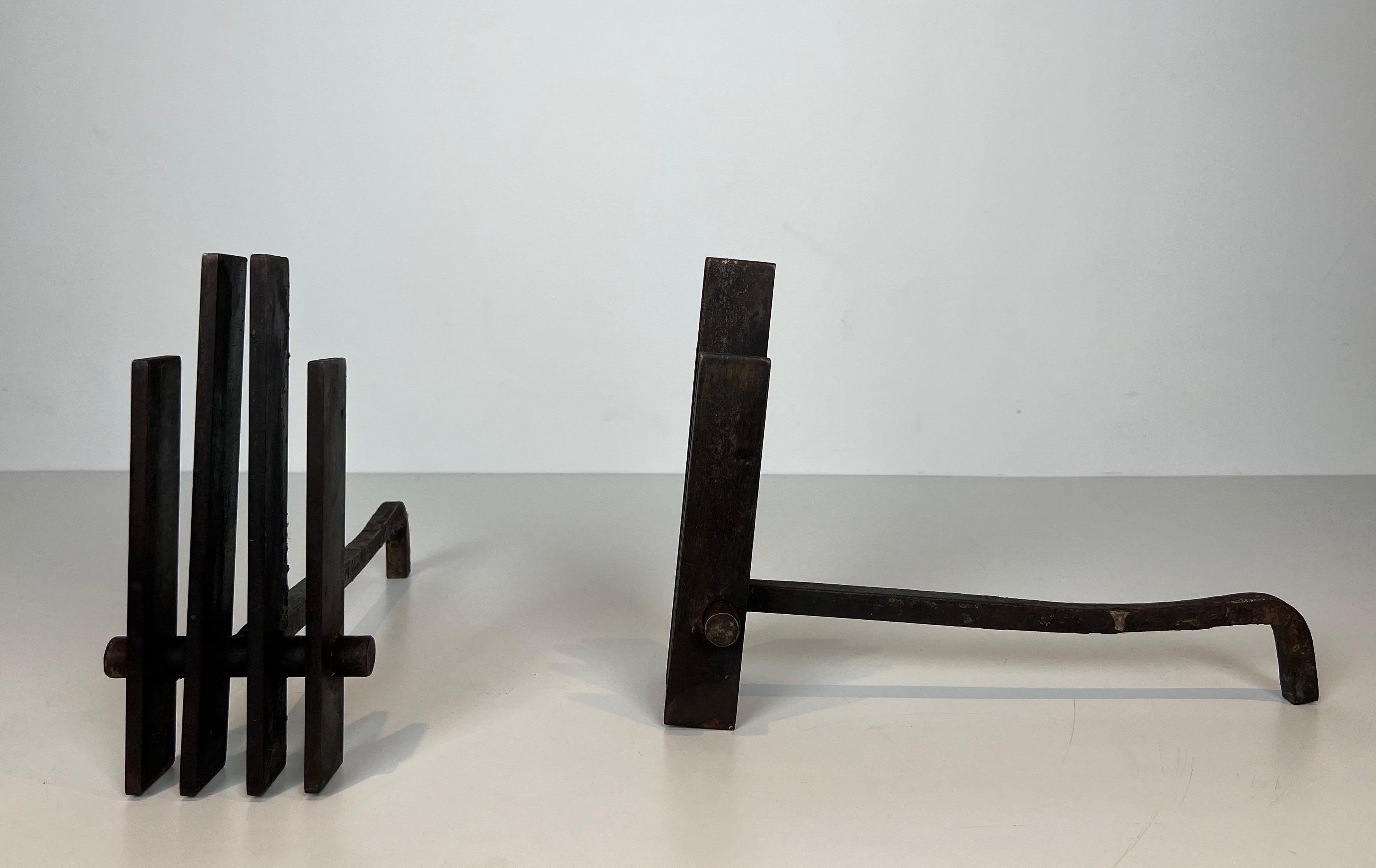 Pair of Modernist Steel Andirons. French Work. Circa 1970 For Sale 1
