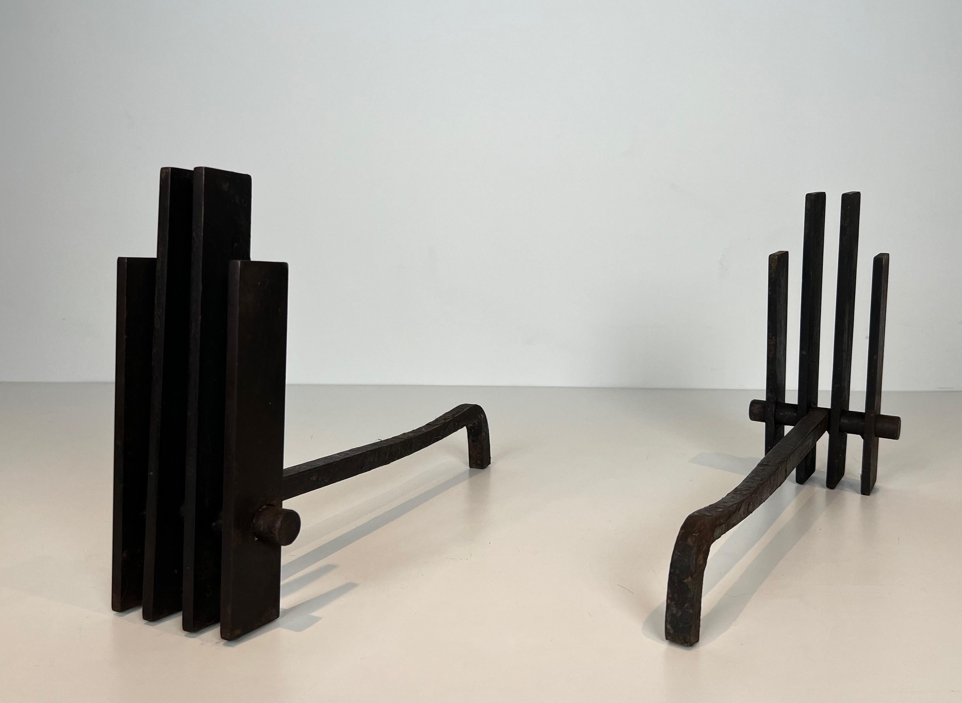 Pair of Modernist Steel Andirons. French Work. Circa 1970 For Sale 2