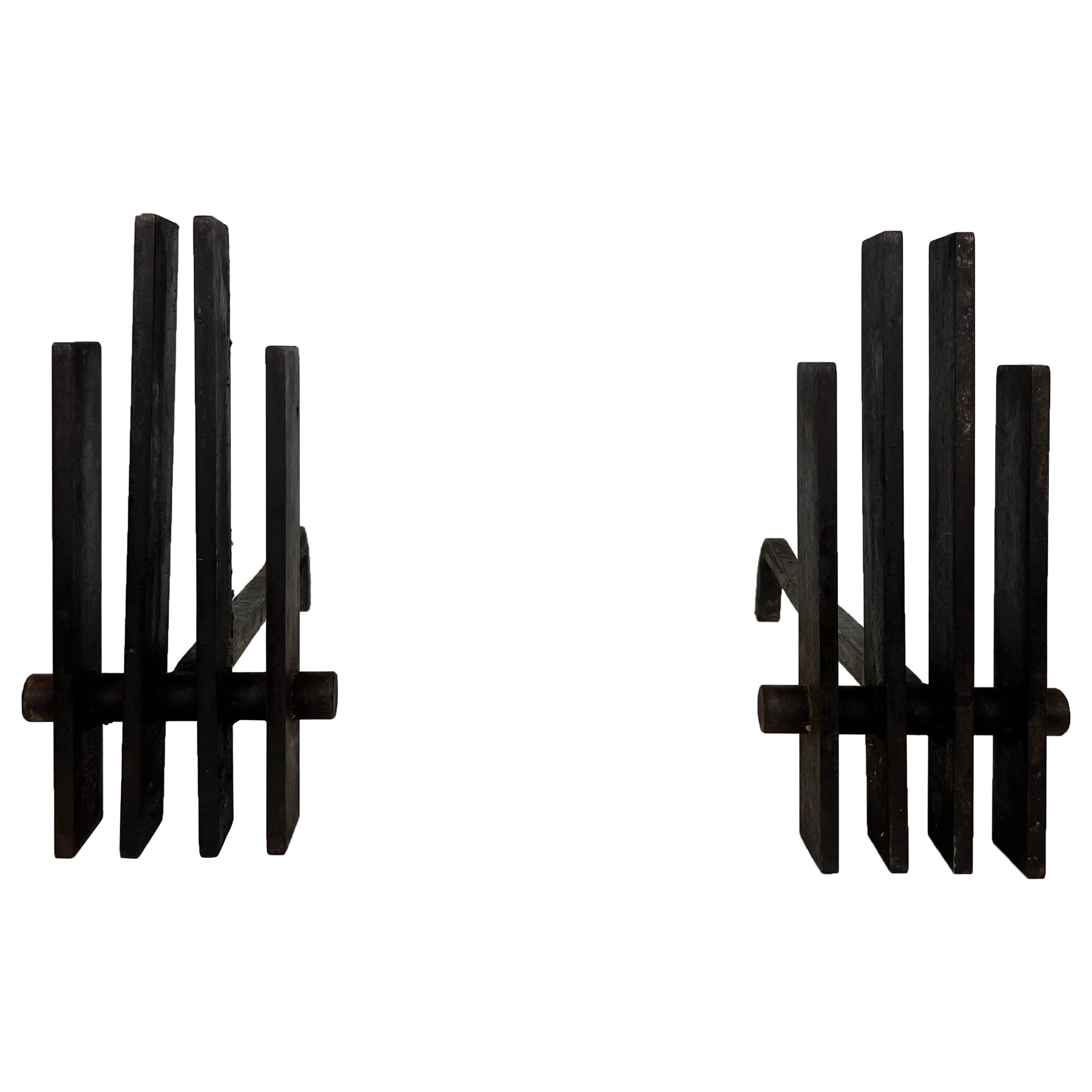 Pair of Modernist Steel Andirons. French Work. Circa 1970