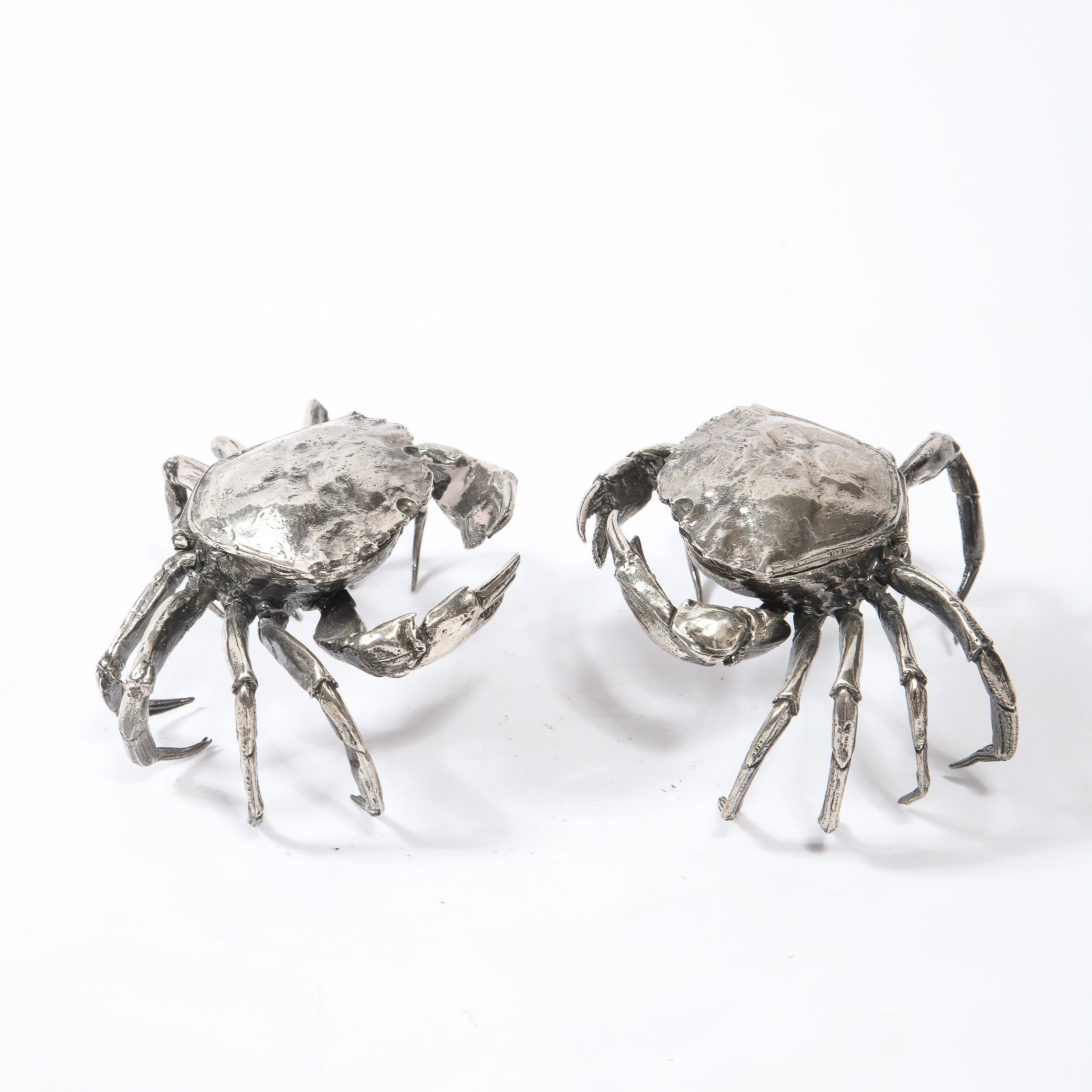 Italian Pair of Modernist Sterling Silver Hand Wrought Stylized Crab Salt Cellars