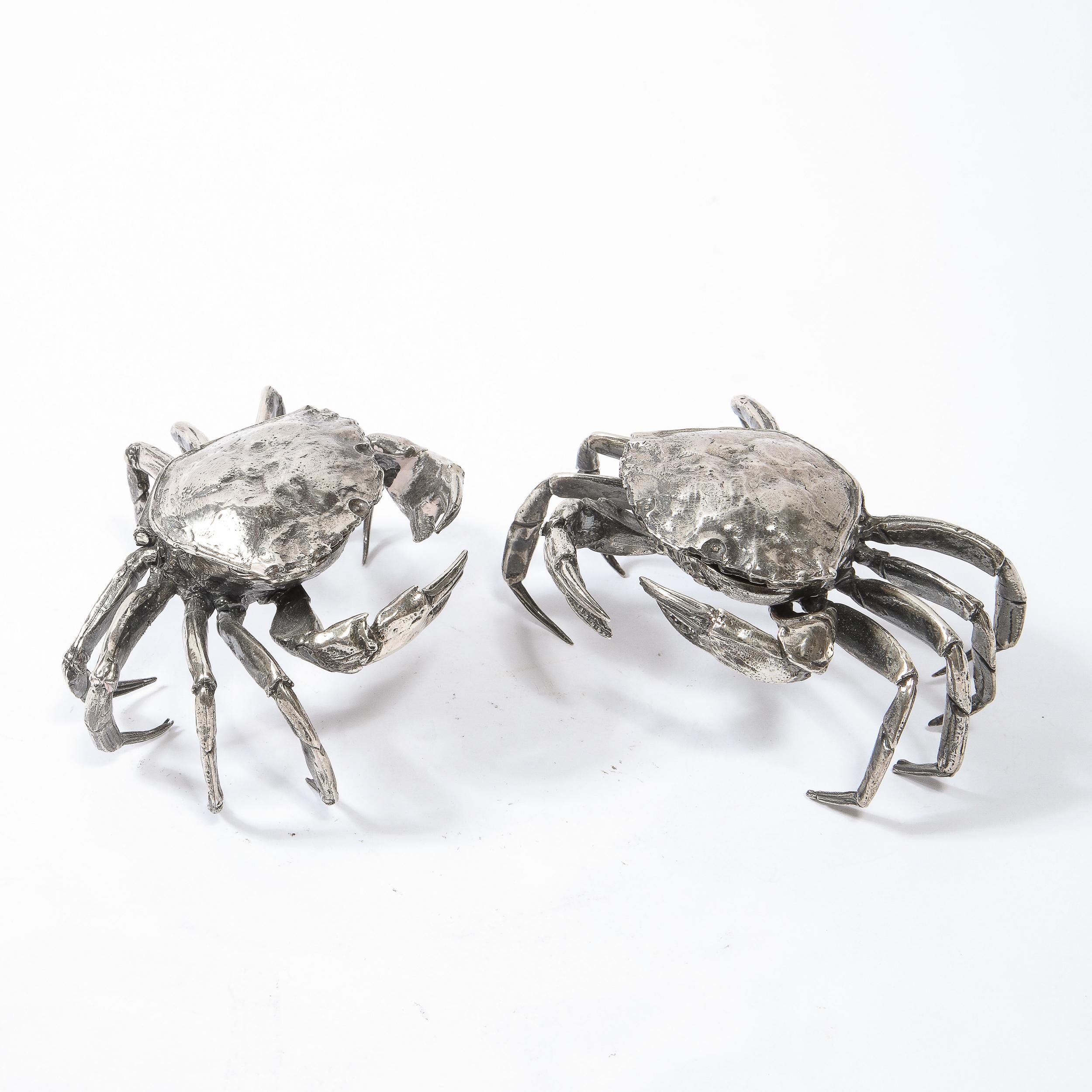 Pair of Modernist Sterling Silver Hand Wrought Stylized Crab Salt Cellars In Excellent Condition In New York, NY