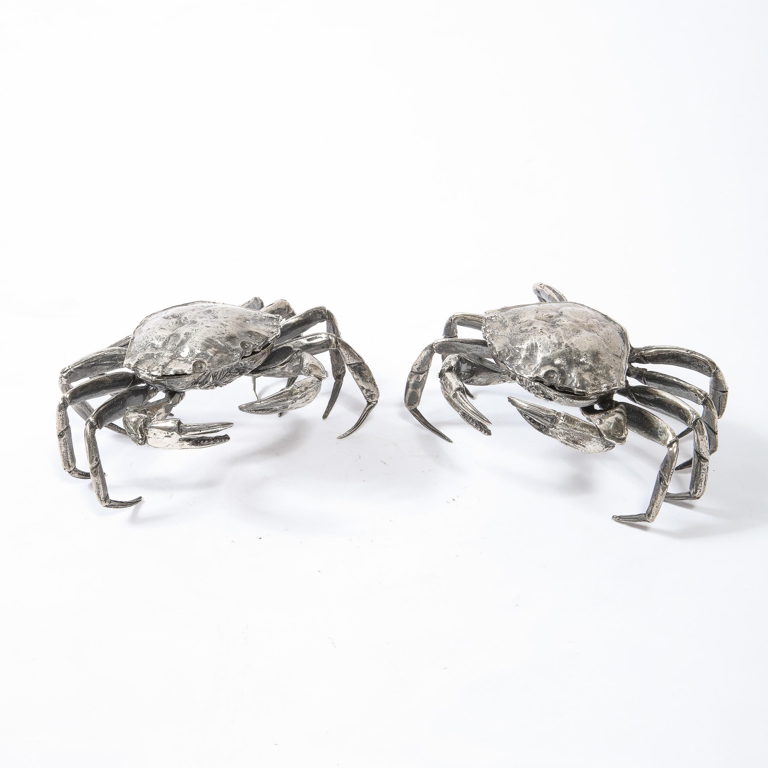 20th Century Pair of Modernist Sterling Silver Hand Wrought Stylized Crab Salt Cellars