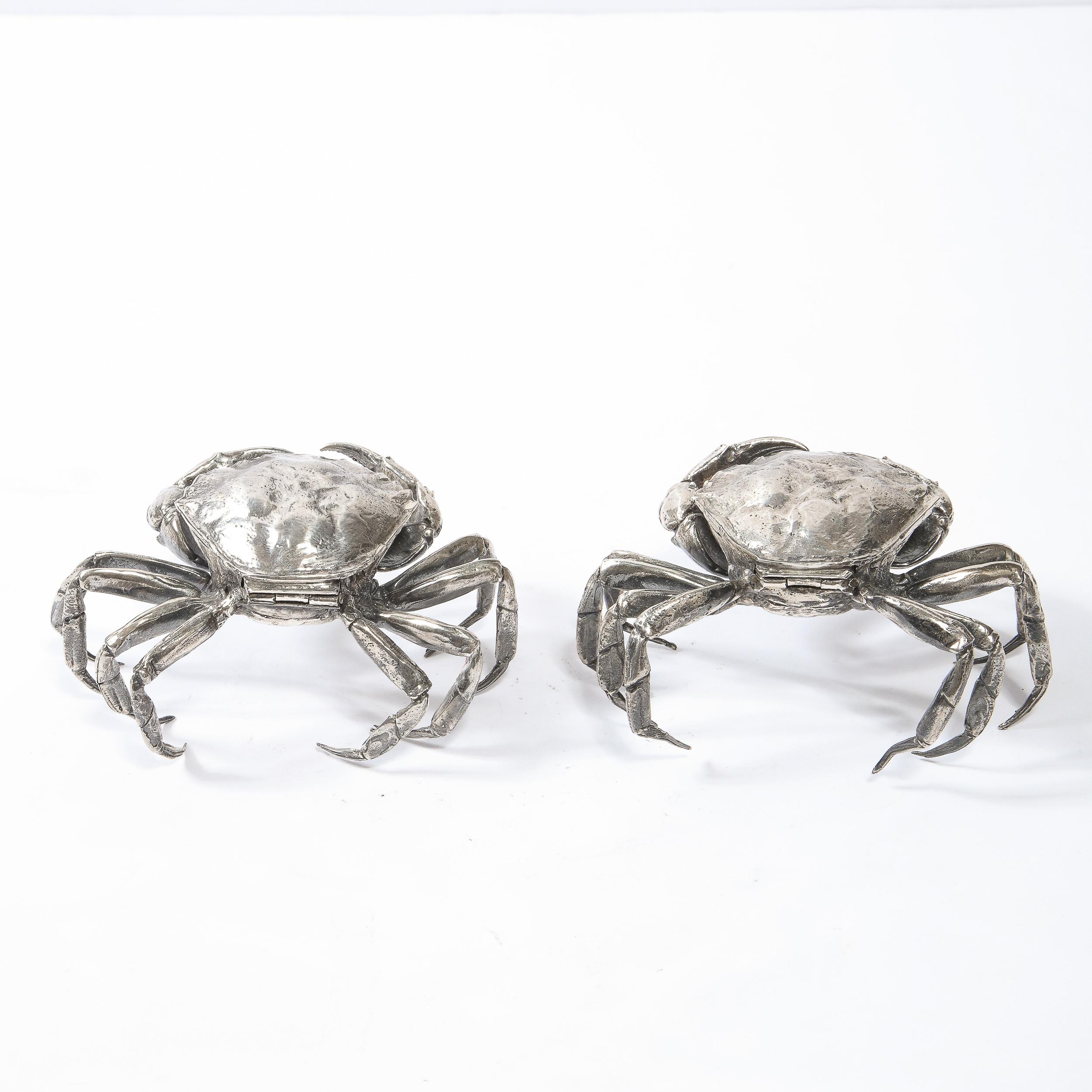 Pair of Modernist Sterling Silver Hand Wrought Stylized Crab Salt Cellars 1