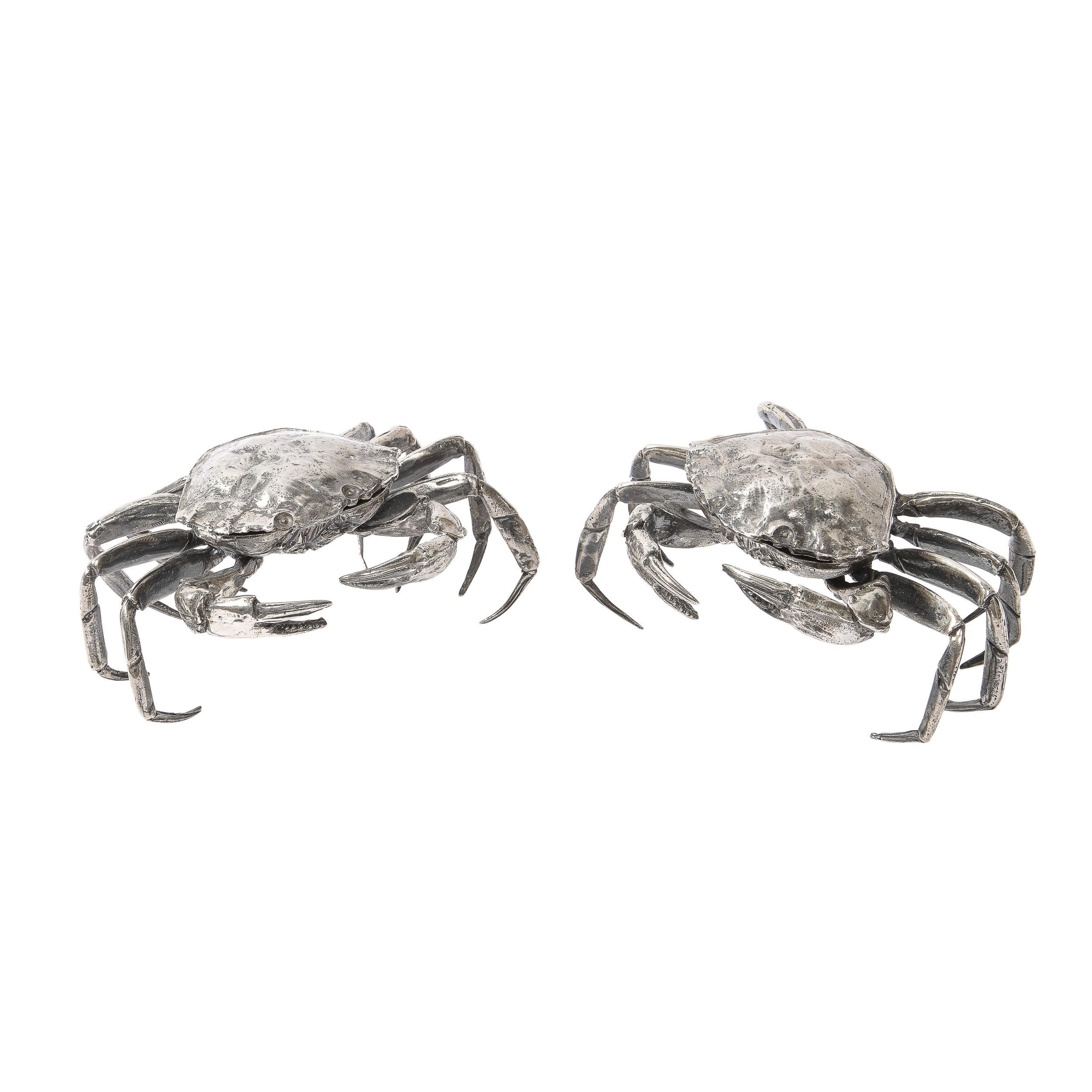 Pair of Modernist Sterling Silver Hand Wrought Stylized Crab Salt Cellars