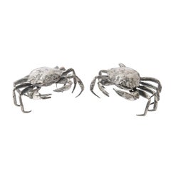 Pair of Modernist Sterling Silver Hand Wrought Stylized Crab Salt Cellars