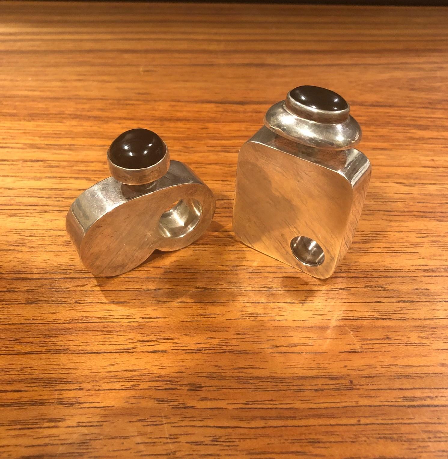 Mexican Pair of Modernist Sterling Silver Perfume Bottles with Onyx Caps