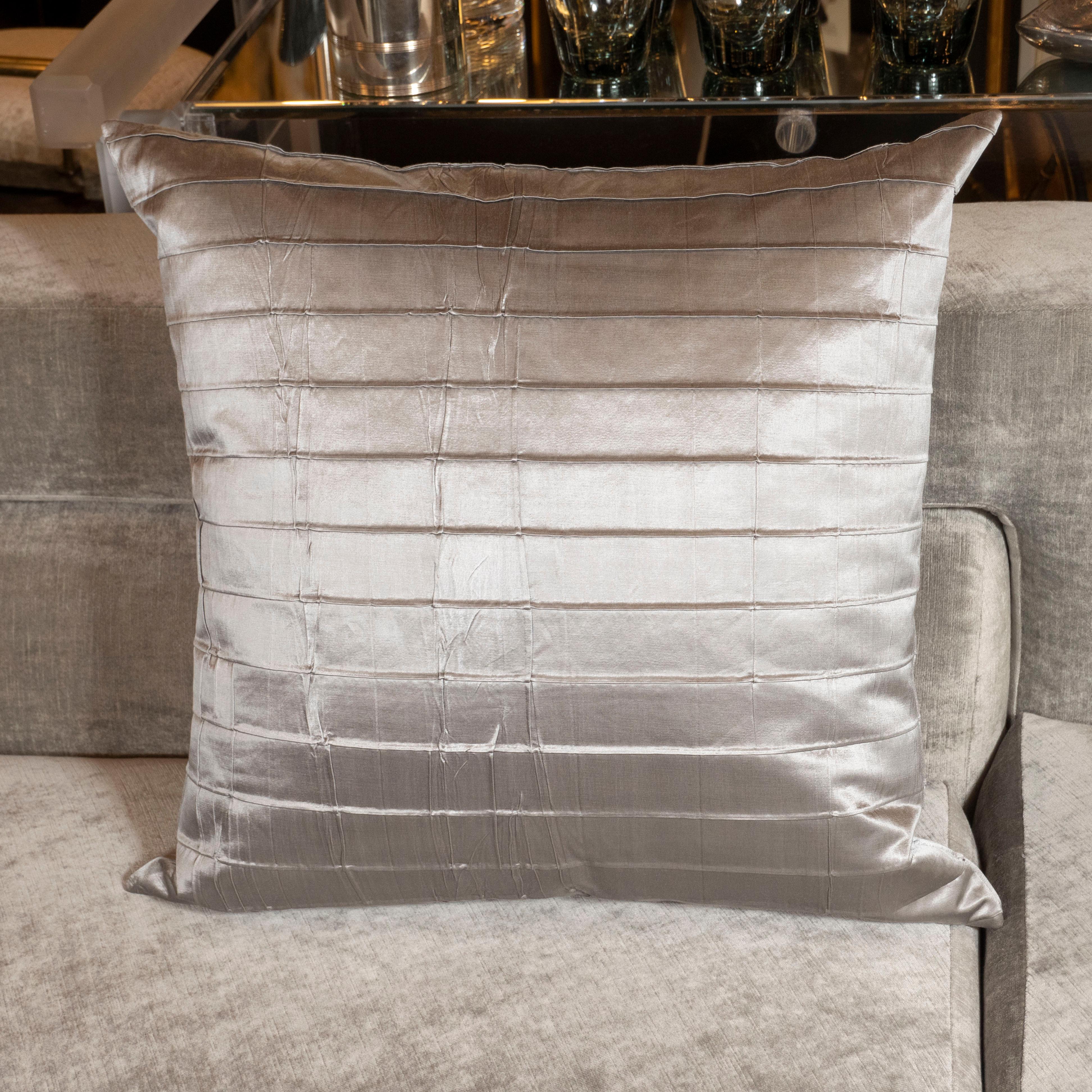 Contemporary Pair of Modernist Striated Antique Silver Silk Pillows For Sale
