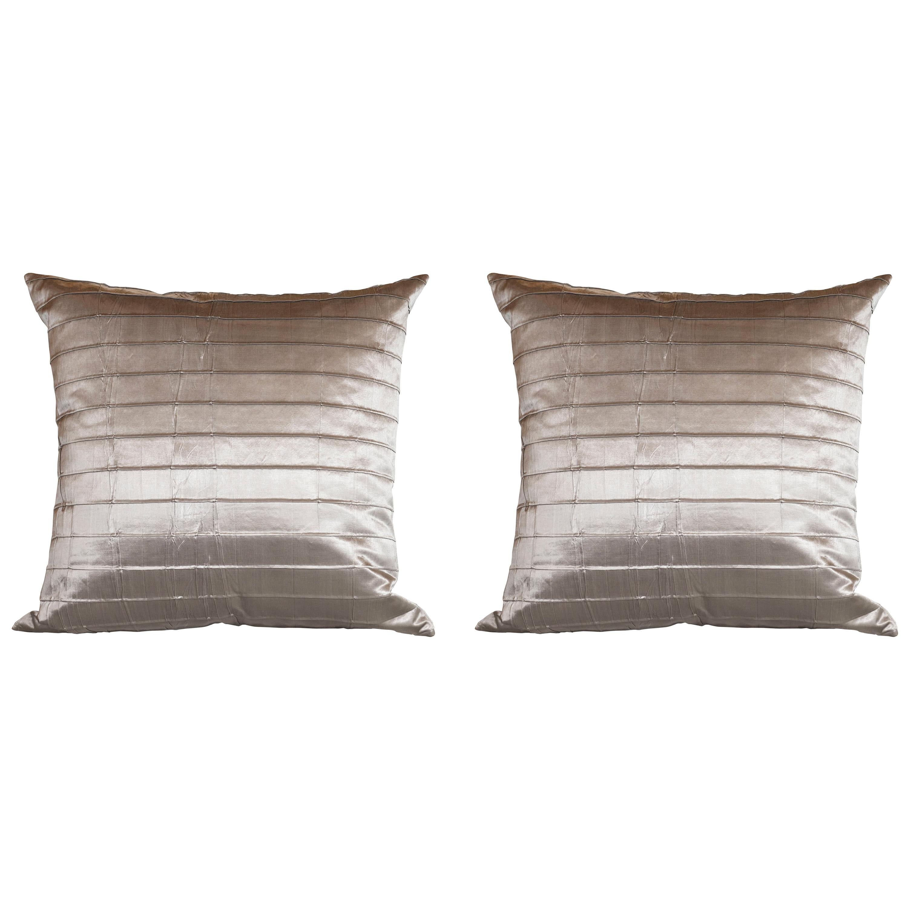 Pair of Modernist Striated Antique Silver Silk Pillows For Sale