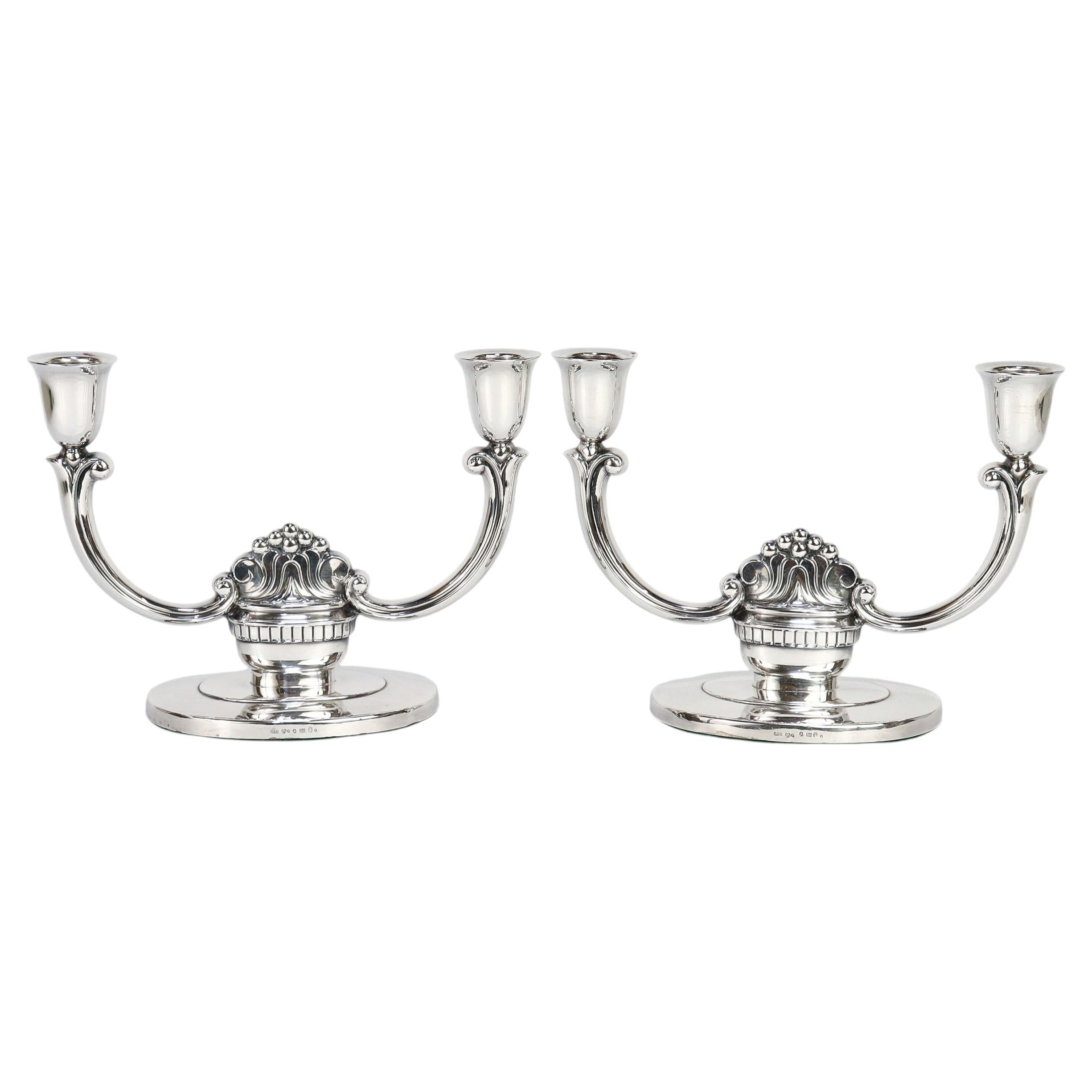 Pair of Modernist Swedish Guldsmeds Aktiebolaget .800 Silver Two-Arm Candelabra For Sale