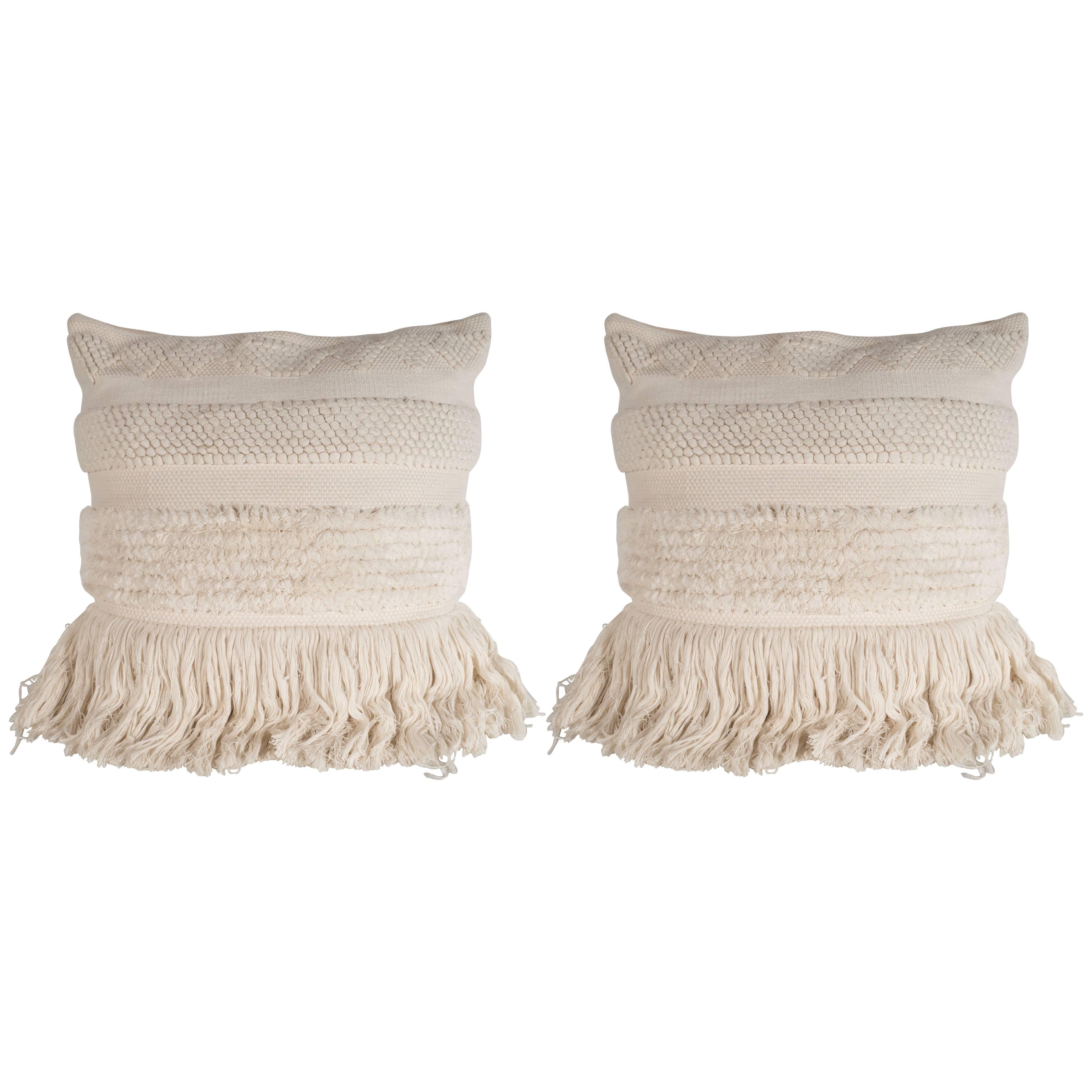 Pair of Modernist Textured Woven Pillows in a Bone Hue