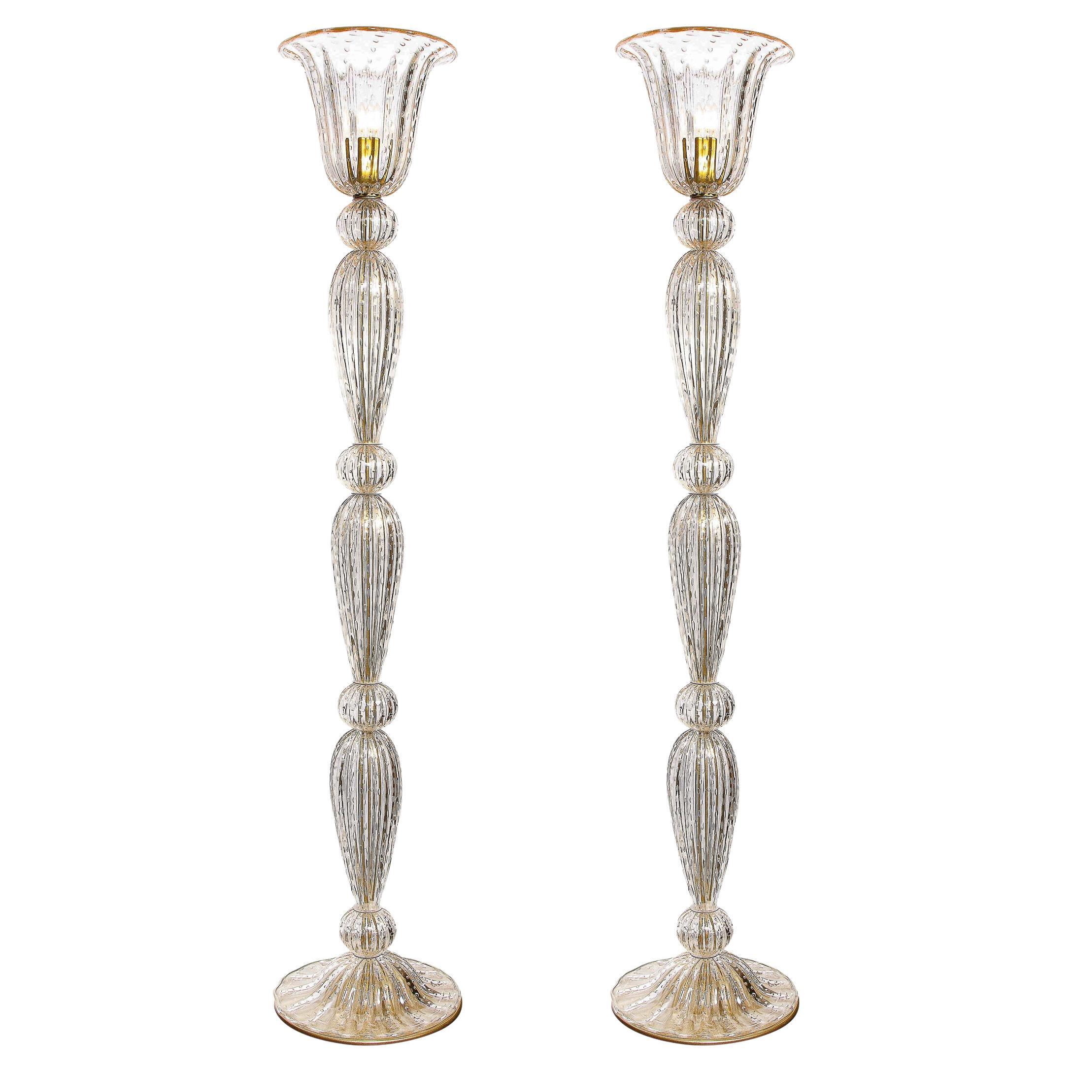 Paire de torchères modernistes en verre de Murano soufflé à la main d'ambre avec bandes en or 24 carats