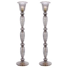 Paire de torchères modernistes en verre de Murano soufflé à la bouche fumé et or 24 carats