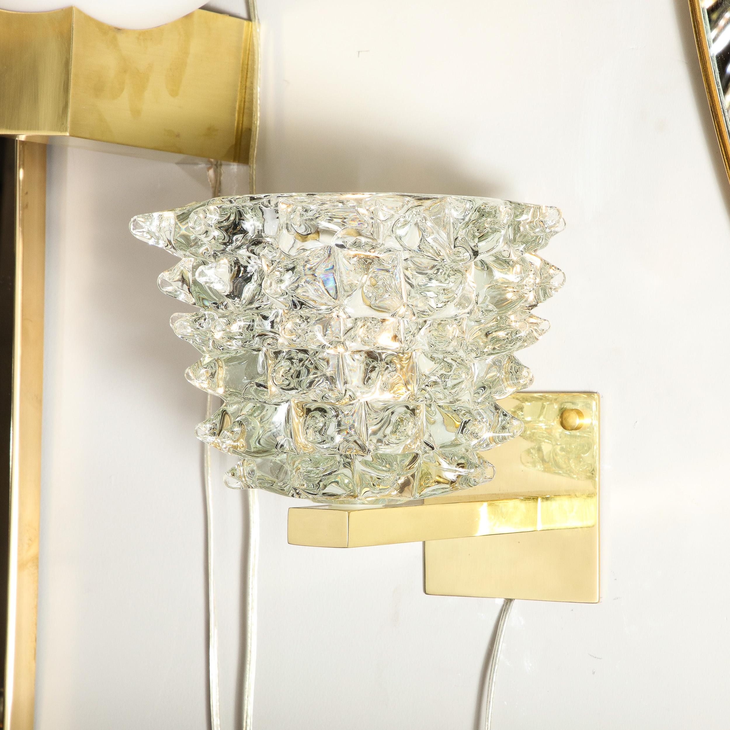 Contemporary Pair of Modernist Transparent Murano Glass & Brass Sconces w/ Rostrato Detailing For Sale