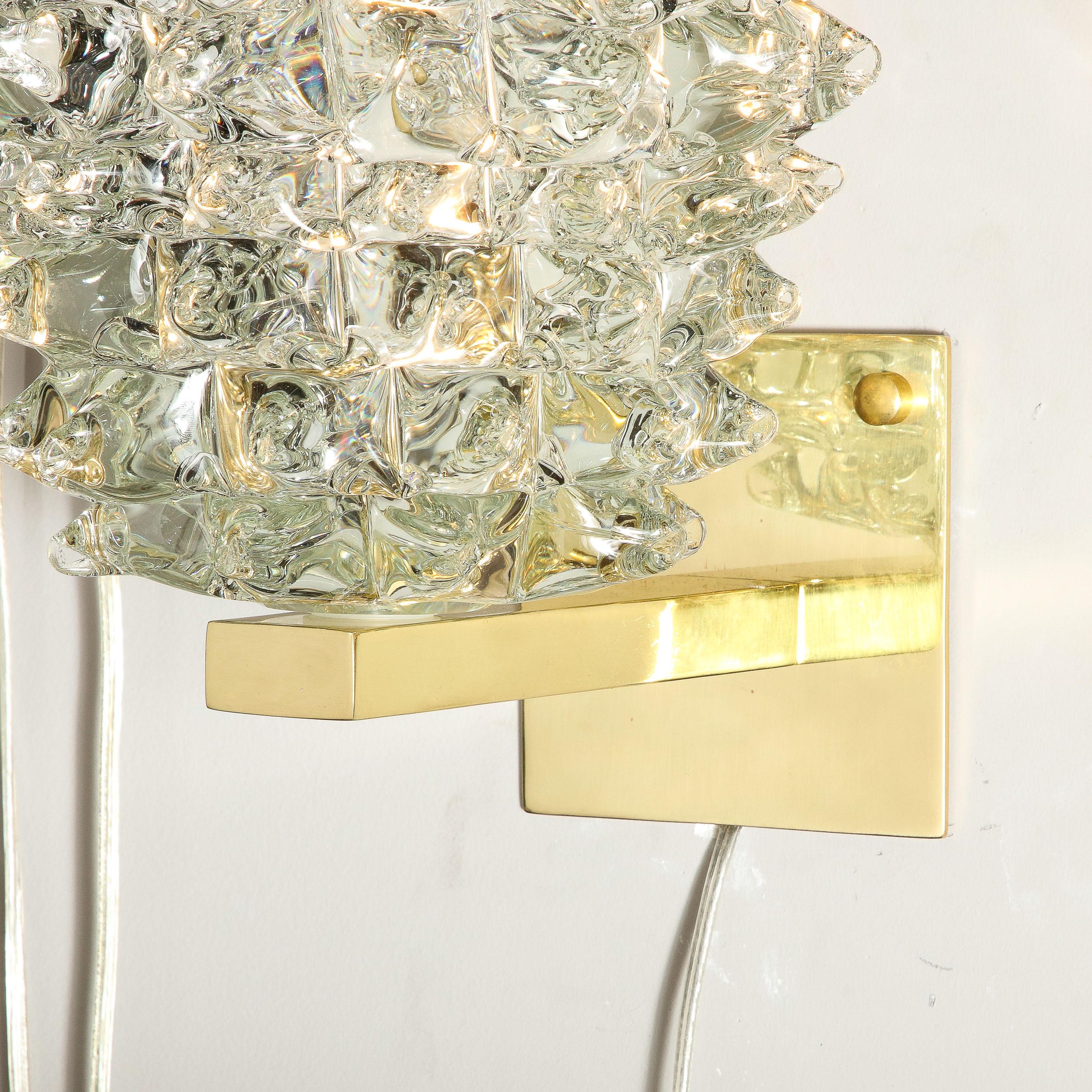 Pair of Modernist Transparent Murano Glass & Brass Sconces w/ Rostrato Detailing For Sale 1