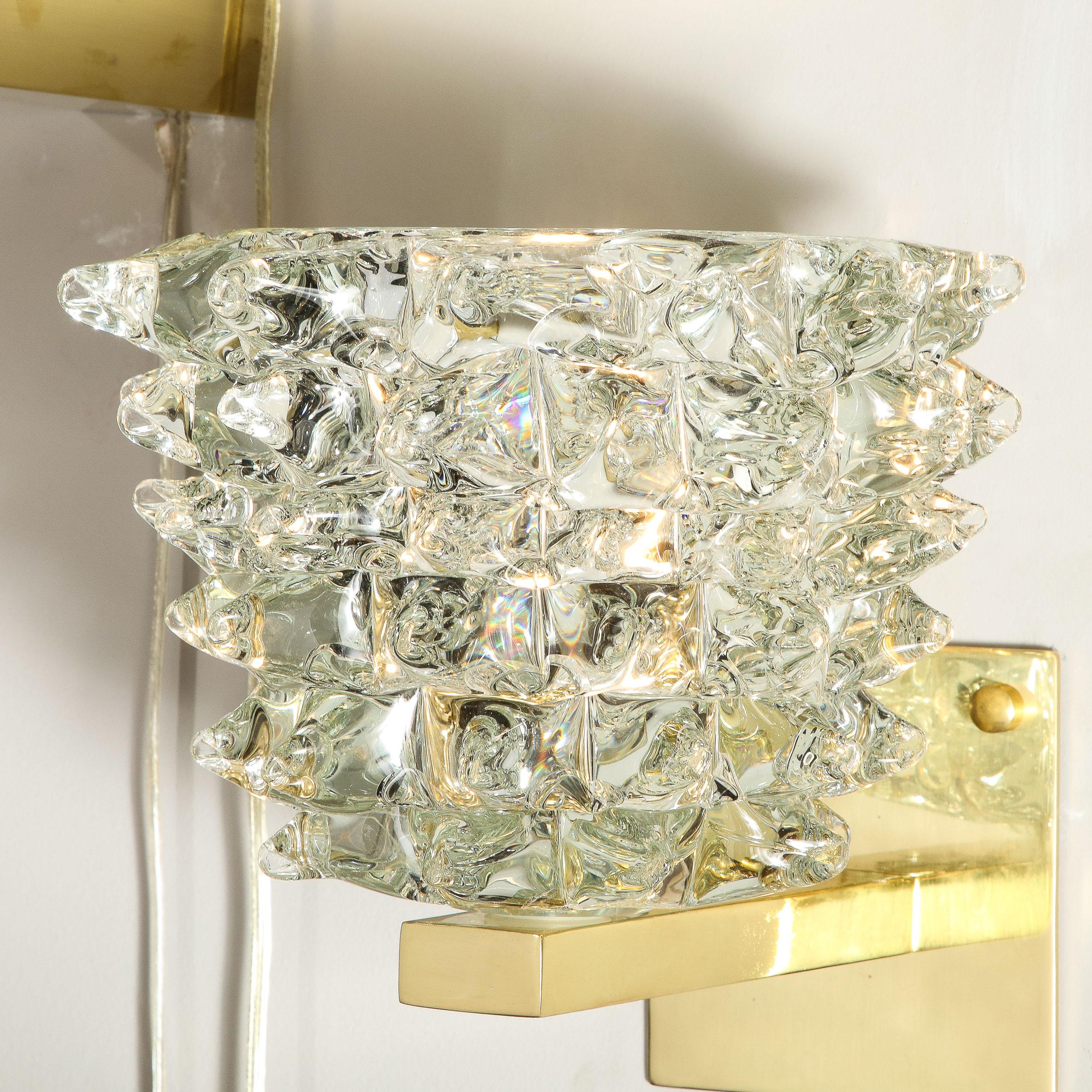 Pair of Modernist Transparent Murano Glass & Brass Sconces w/ Rostrato Detailing For Sale 3