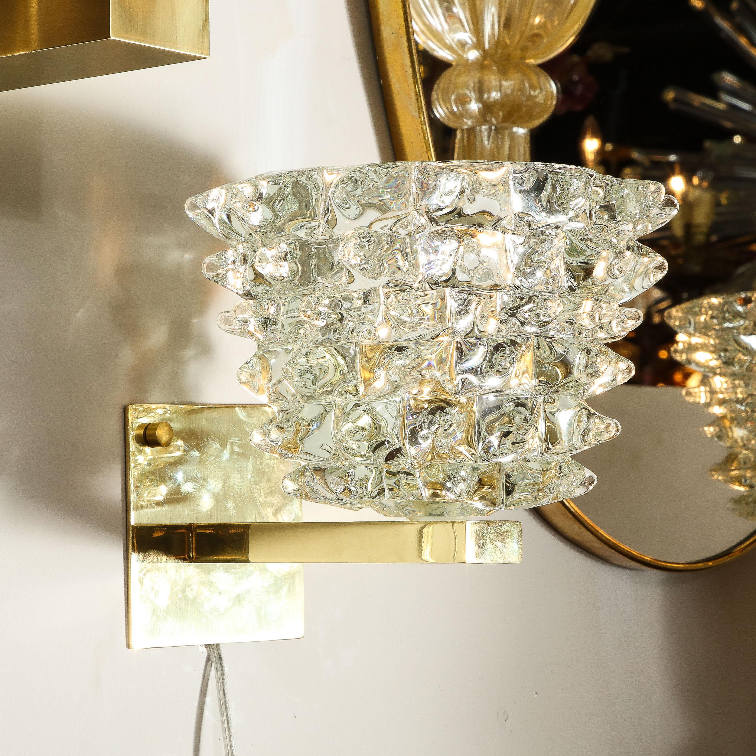 Pair of Modernist Transparent Murano Glass & Brass Sconces w/ Rostrato Detailing For Sale 4