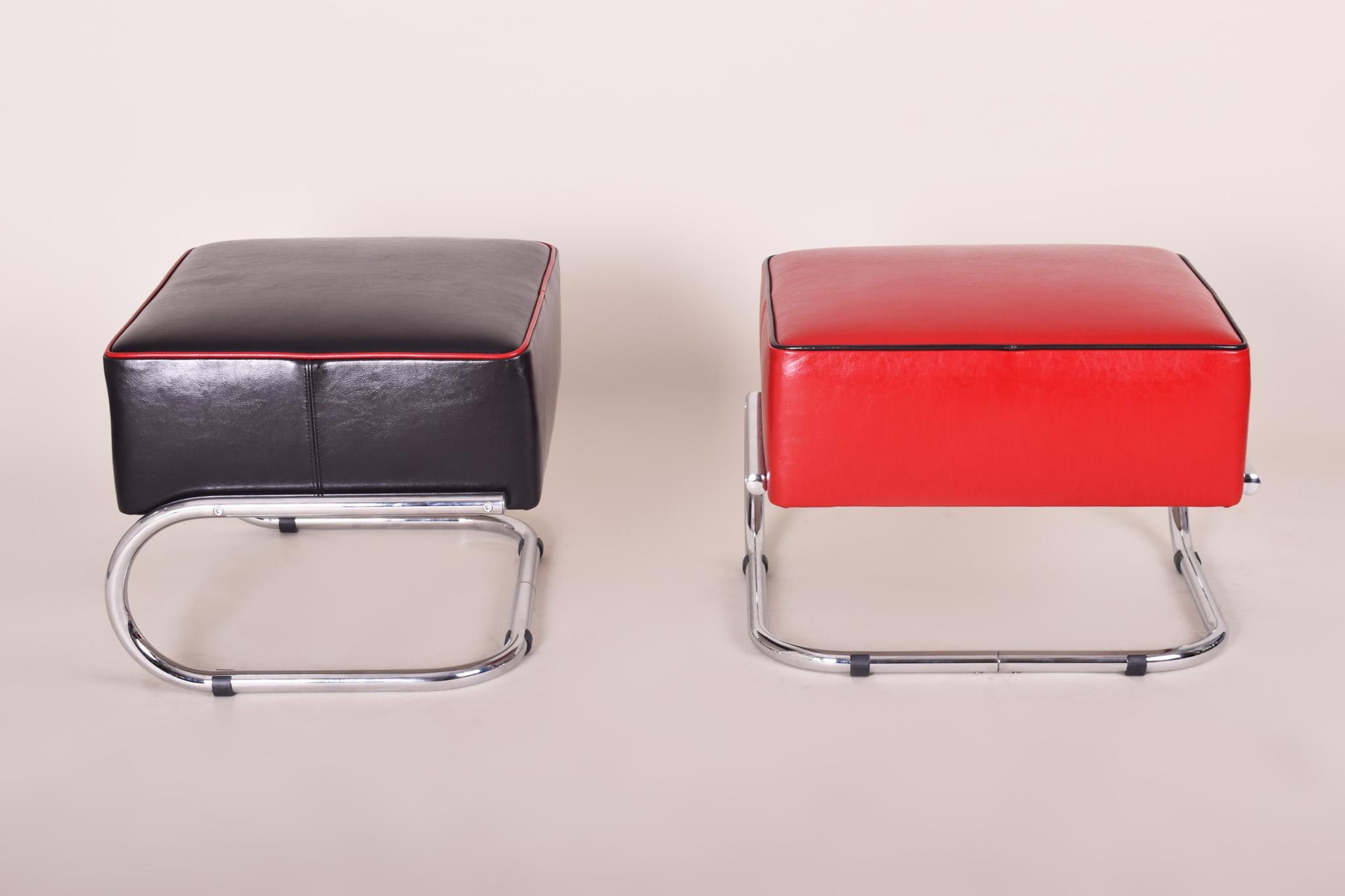 Modernist Art Deco chrome tabourettes.
Completely restored, New upholstery and leather.

We guarantee safe a the cheapest air transport from Europe to the whole world within 7 days.
The price is the same as for ship transport but delivery time is
