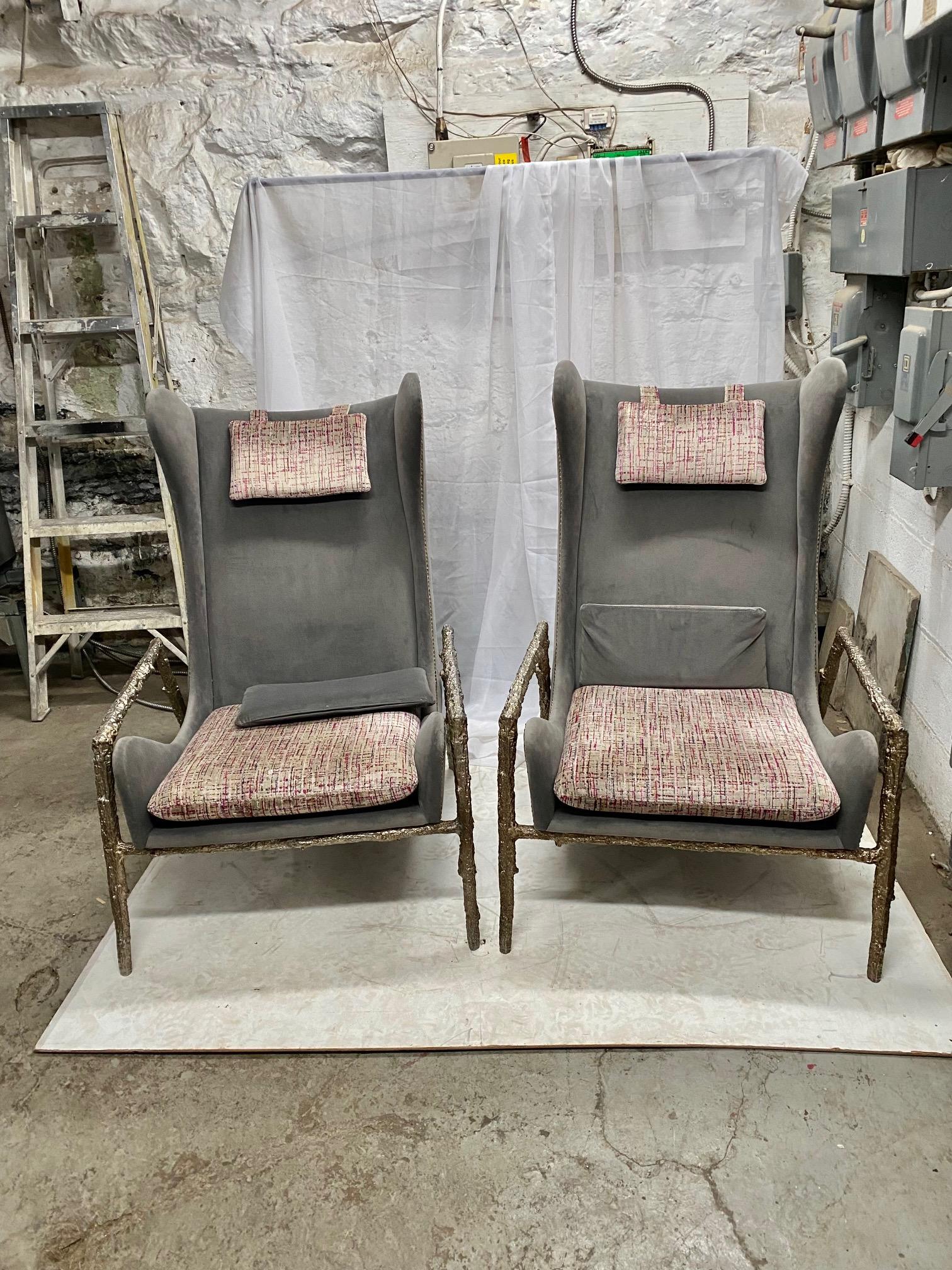 French Pair of Modernist Velvet and Bronze Wingback Armchairs with Bronze Structure For Sale