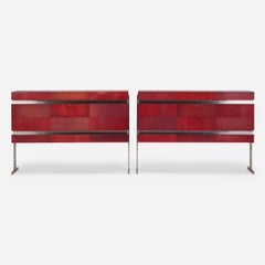 Pair of Modernist Veneered Laminated Crimson Fabric Cabinets by Maxime Old