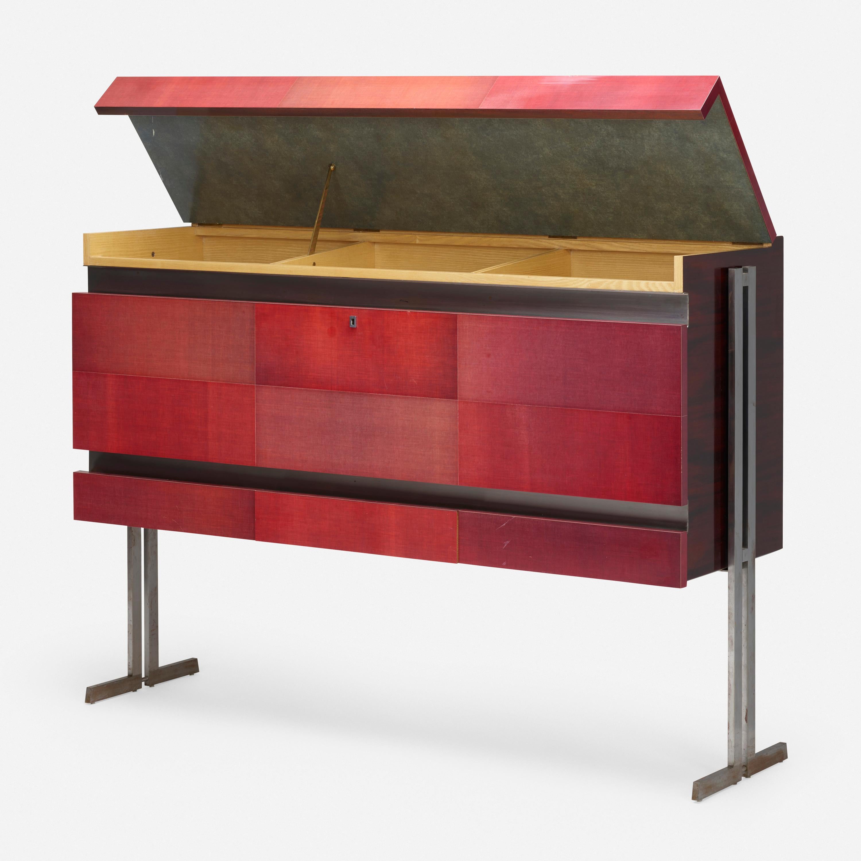 Mid-Century Modern Pair of Modernist Veneered Laminated Crimson Fabric Cabinets by Maxime Old