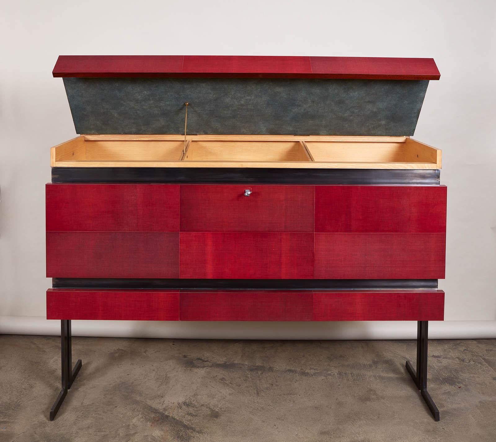 Pair of Modernist Veneered Laminated Crimson Fabric Cabinets by Maxime Old In Good Condition In Montreal, QC