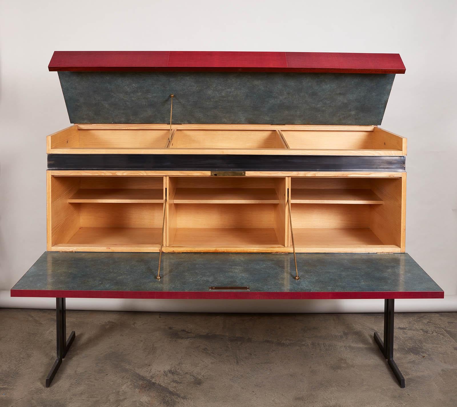 Mid-20th Century Pair of Modernist Veneered Laminated Crimson Fabric Cabinets by Maxime Old