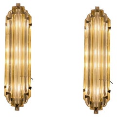 Pair of Modernist Wall Lights in Pale Amber Murano Glass in the Style of Venini